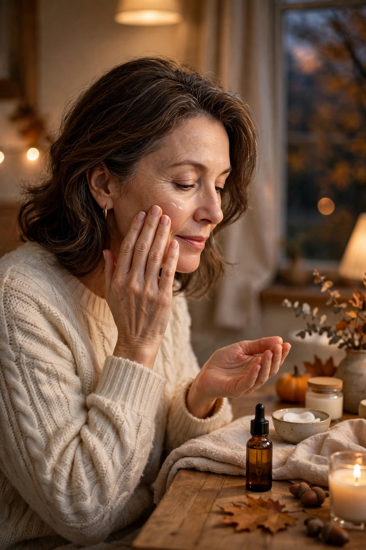 A woman in her 50s starting a gentle skincare routine on a cozy autumn evening