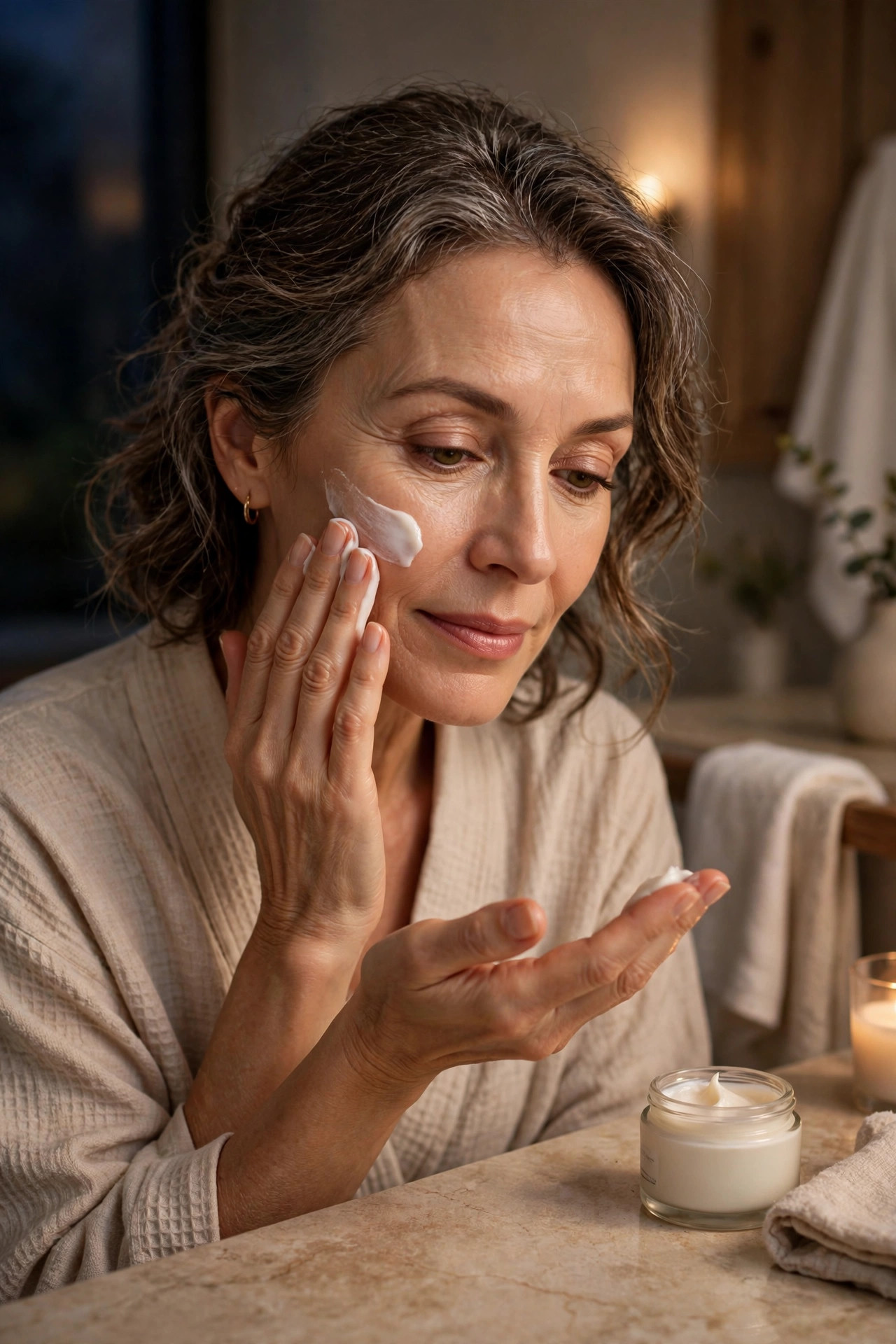 A woman in her 50s applying rich hydrating cream on a rest night