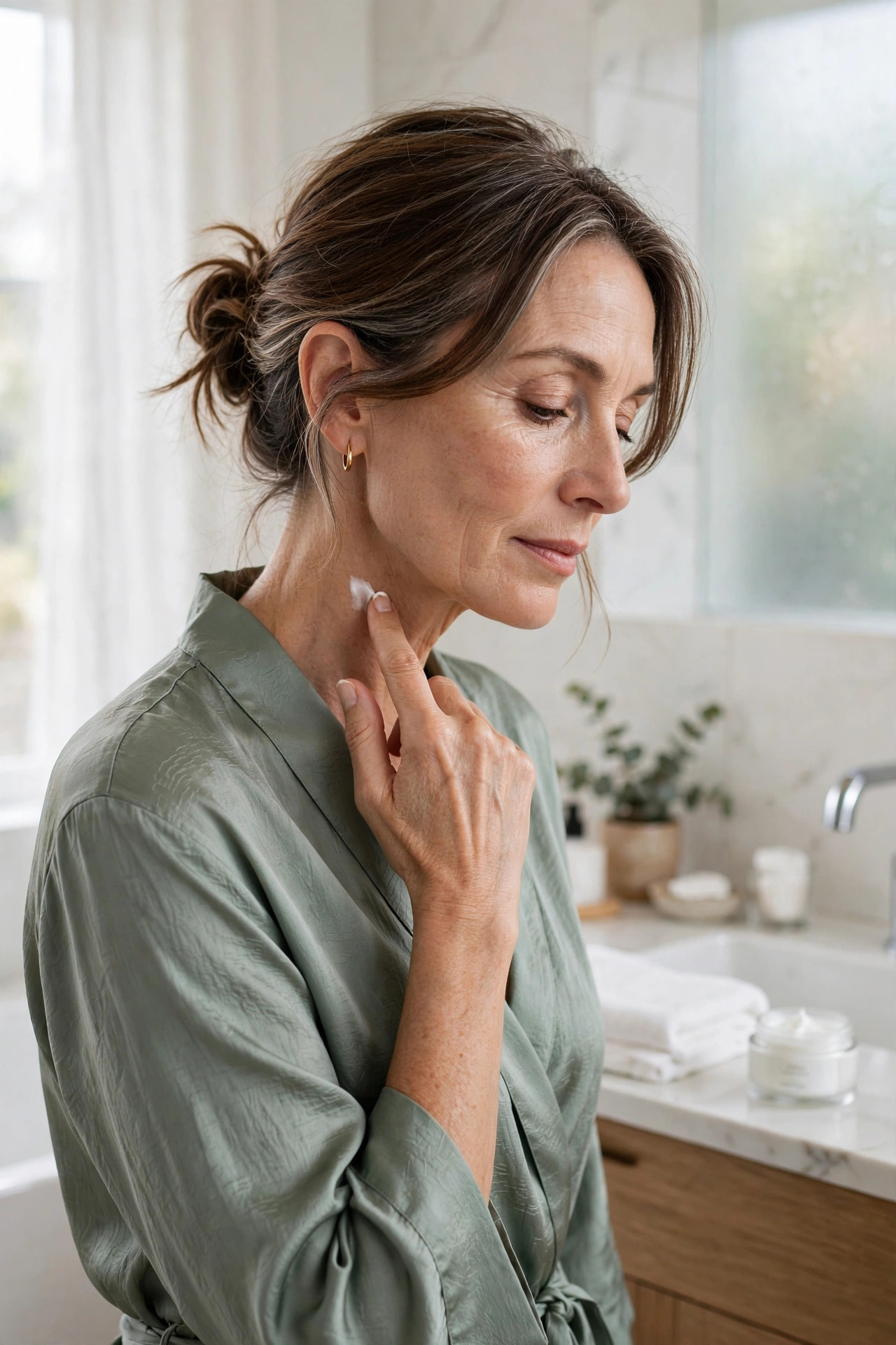 A woman in her 50s applying a tiny amount of cream very gently to her neck
