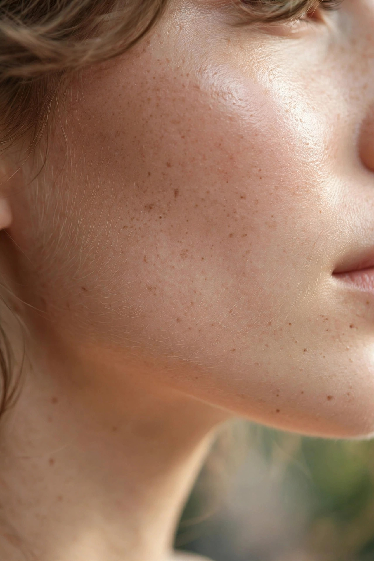 Close-up of a woman's smooth glowing cheek and jawline in soft daylight