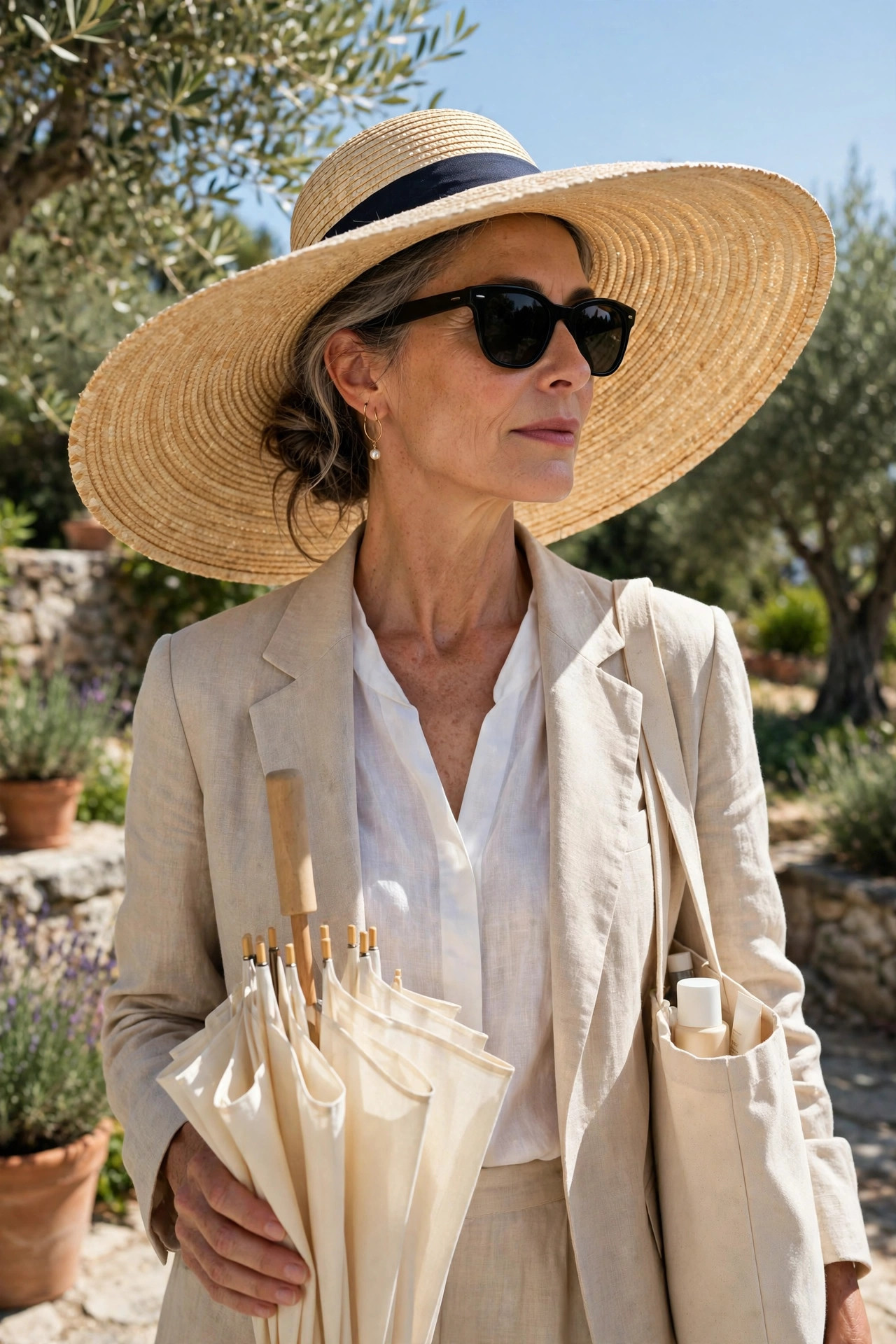 Elegant woman in her 50s wearing a wide-brim hat and sunglasses outdoors