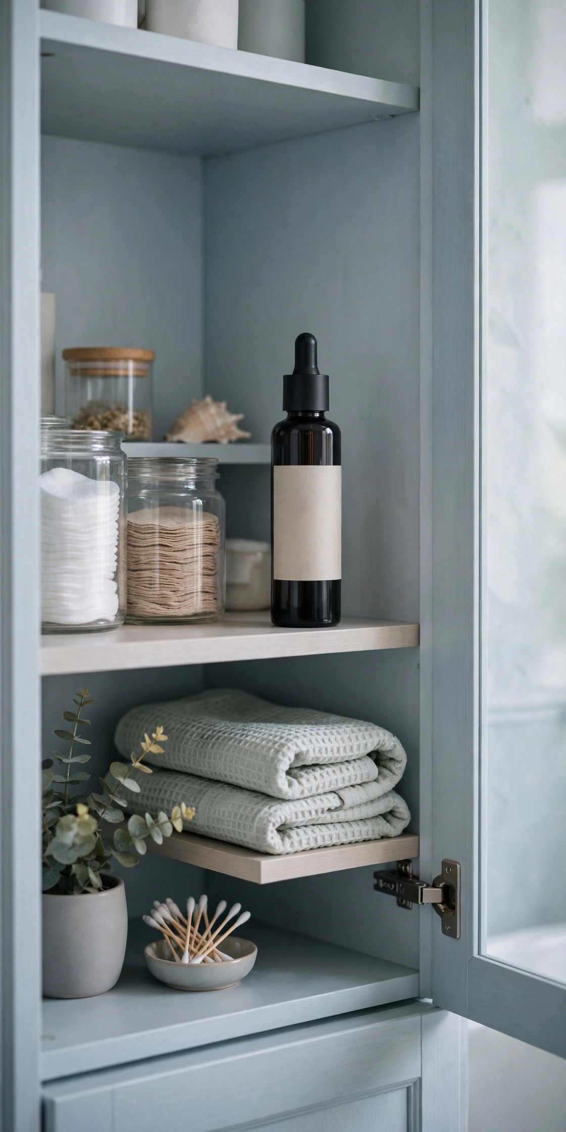Unbranded dark glass serum bottle stored in a cool bathroom cabinet