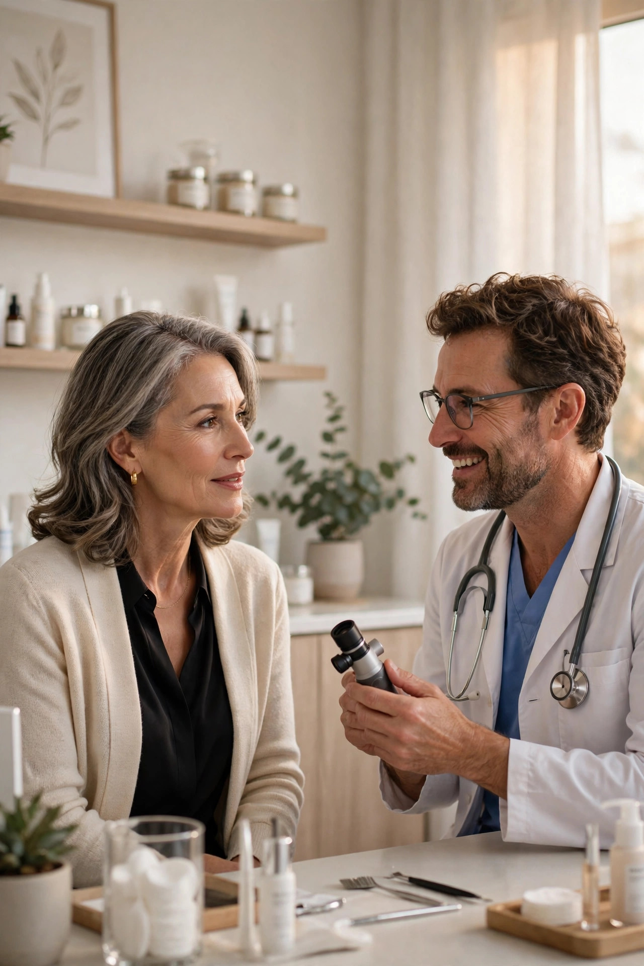 A woman in her 50s talking with a friendly dermatologist in a bright clinic