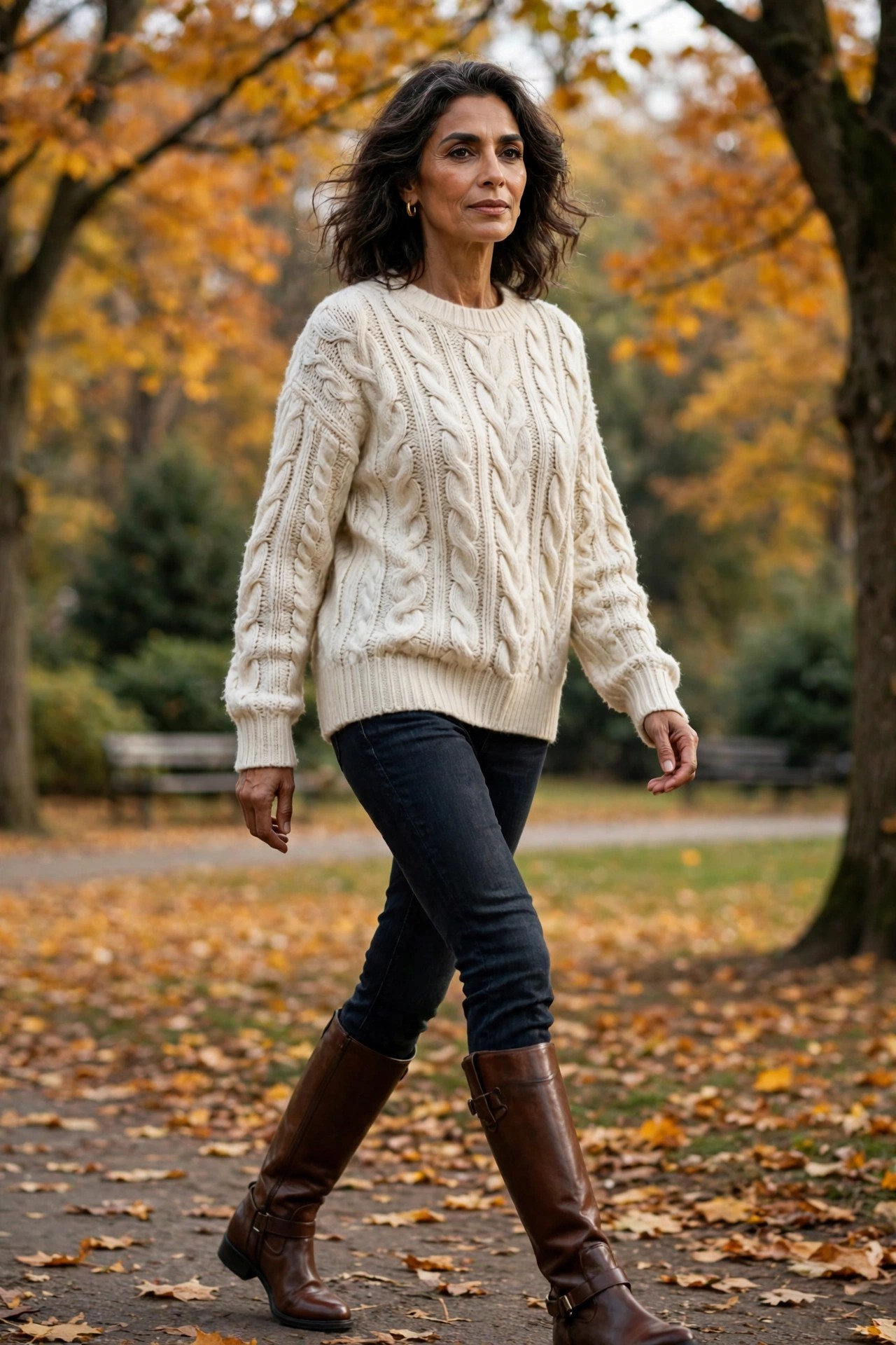 Woman in her 50s wearing a cream cable-knit sweater with dark skinny jeans and brown riding boots in a park
