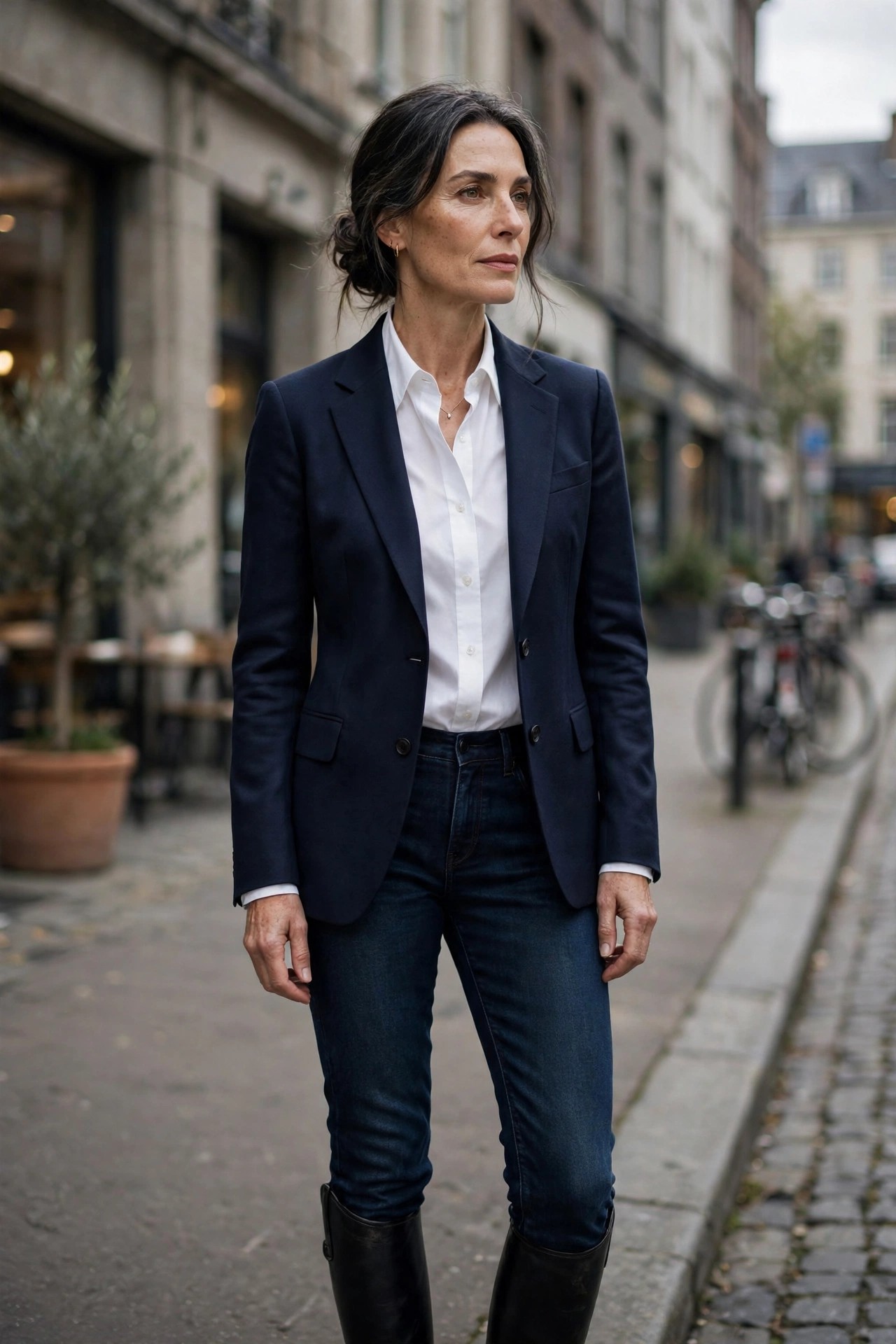 Woman in her 50s wearing a white button-down shirt with navy blazer and black riding boots on a city street