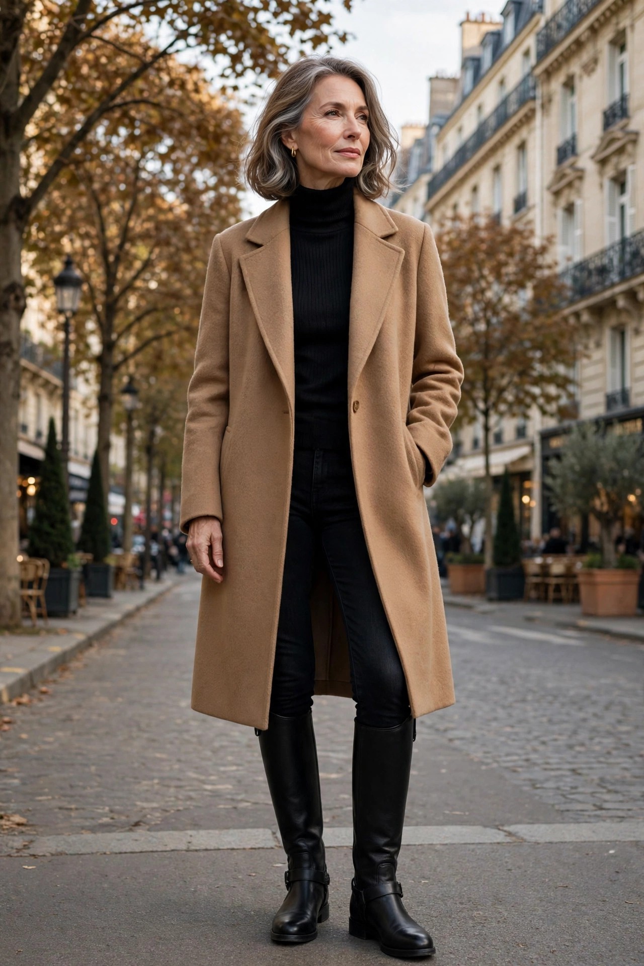 Woman in her 50s wearing a camel wool coat over a black turtleneck with black riding boots on an avenue