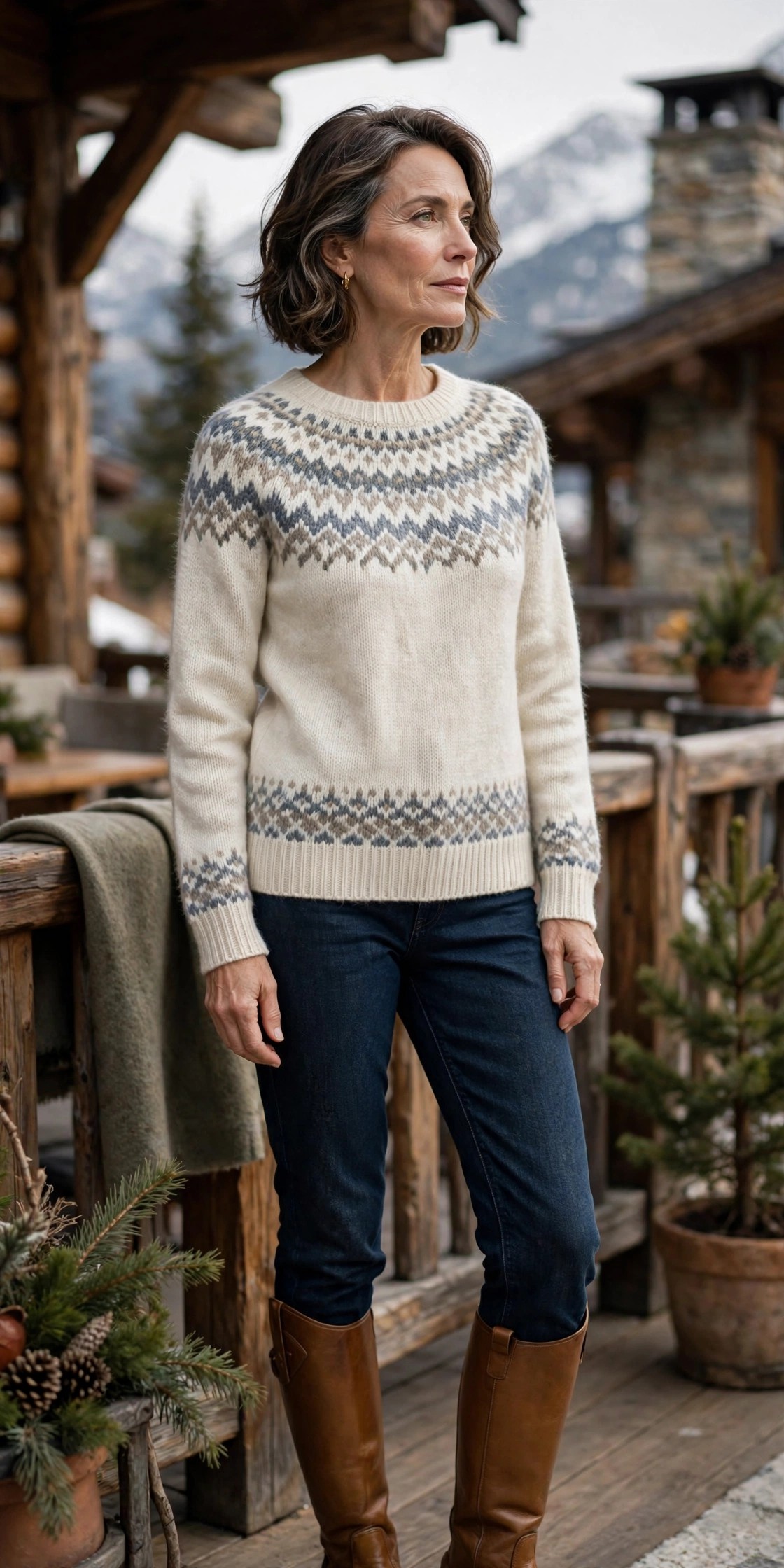 Woman in her 50s wearing a cream fair isle sweater with dark jeans and tan riding boots at a ski lodge