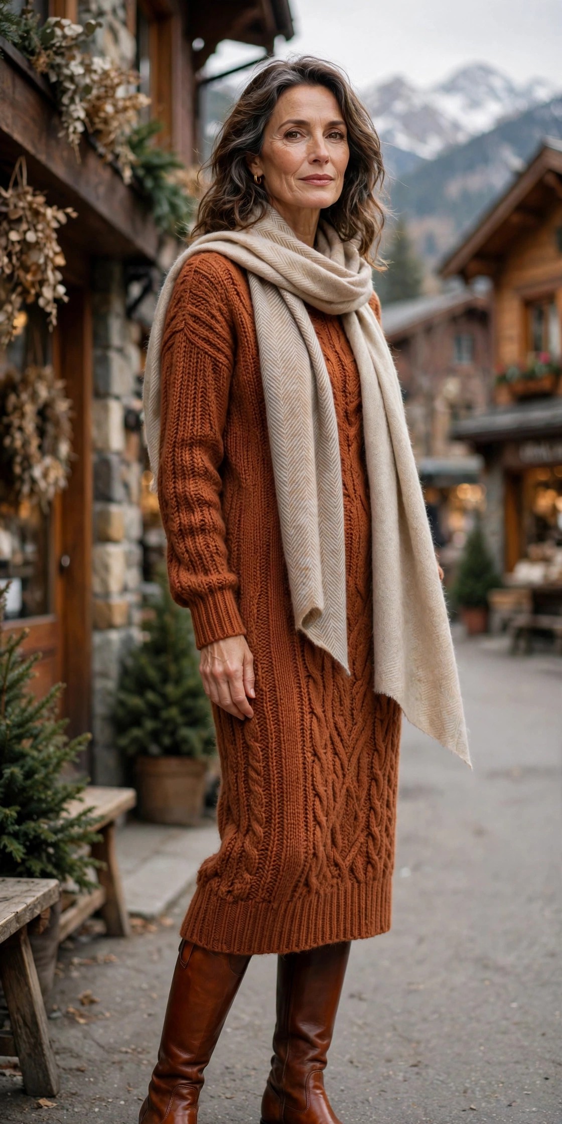 Woman in her 50s wearing a rust knit sweater dress with cognac riding boots and a long wool scarf