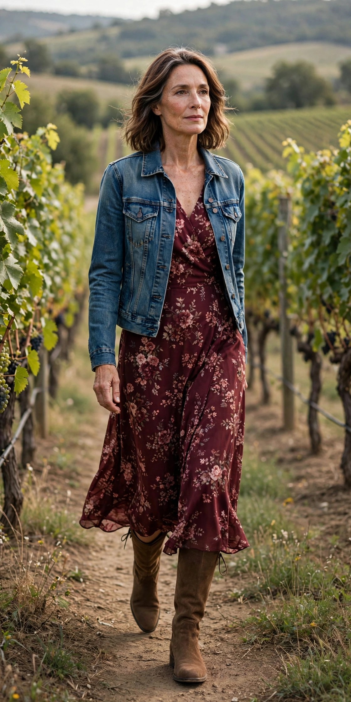 Woman in her 50s wearing a burgundy floral midi dress with brown suede riding boots and a denim jacket