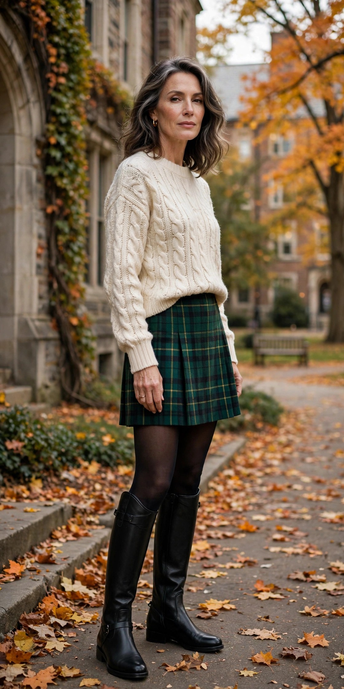 Woman in her 50s wearing a green plaid mini skirt with black tights and black riding boots on a campus