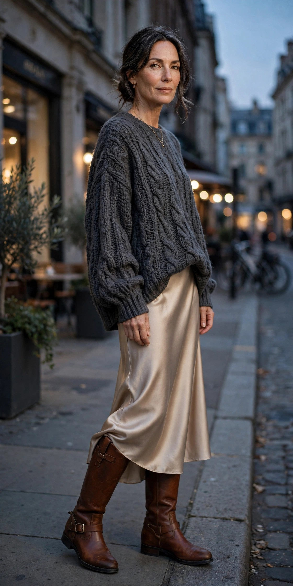 Woman in her 50s wearing a champagne satin slip skirt with an oversized charcoal knit and cognac riding boots