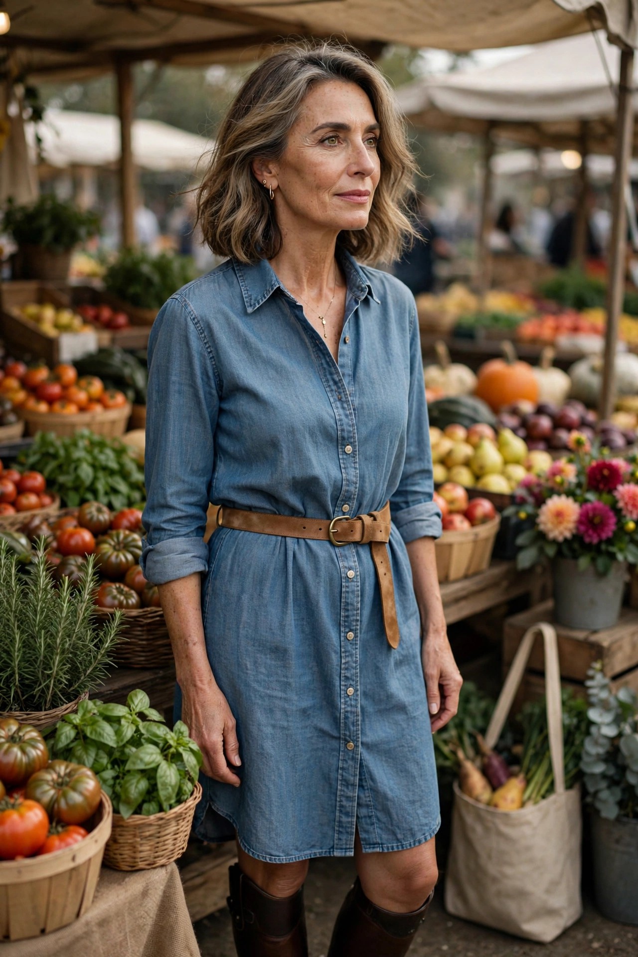 Woman in her 50s wearing a chambray shirt dress with a tan belt and dark brown riding boots at a market