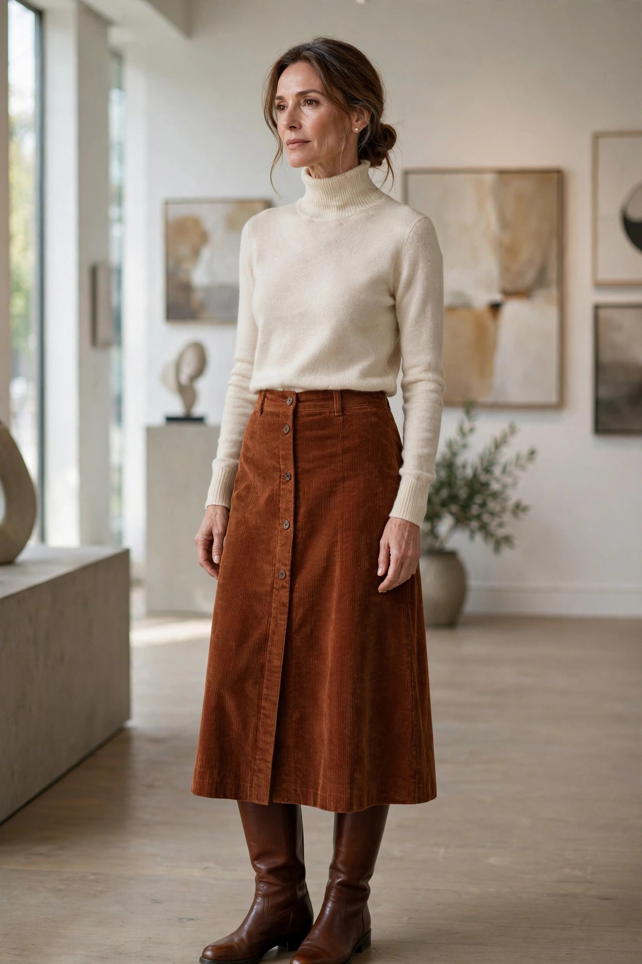 Woman in her 50s wearing a rust corduroy midi skirt with a cream turtleneck and brown riding boots