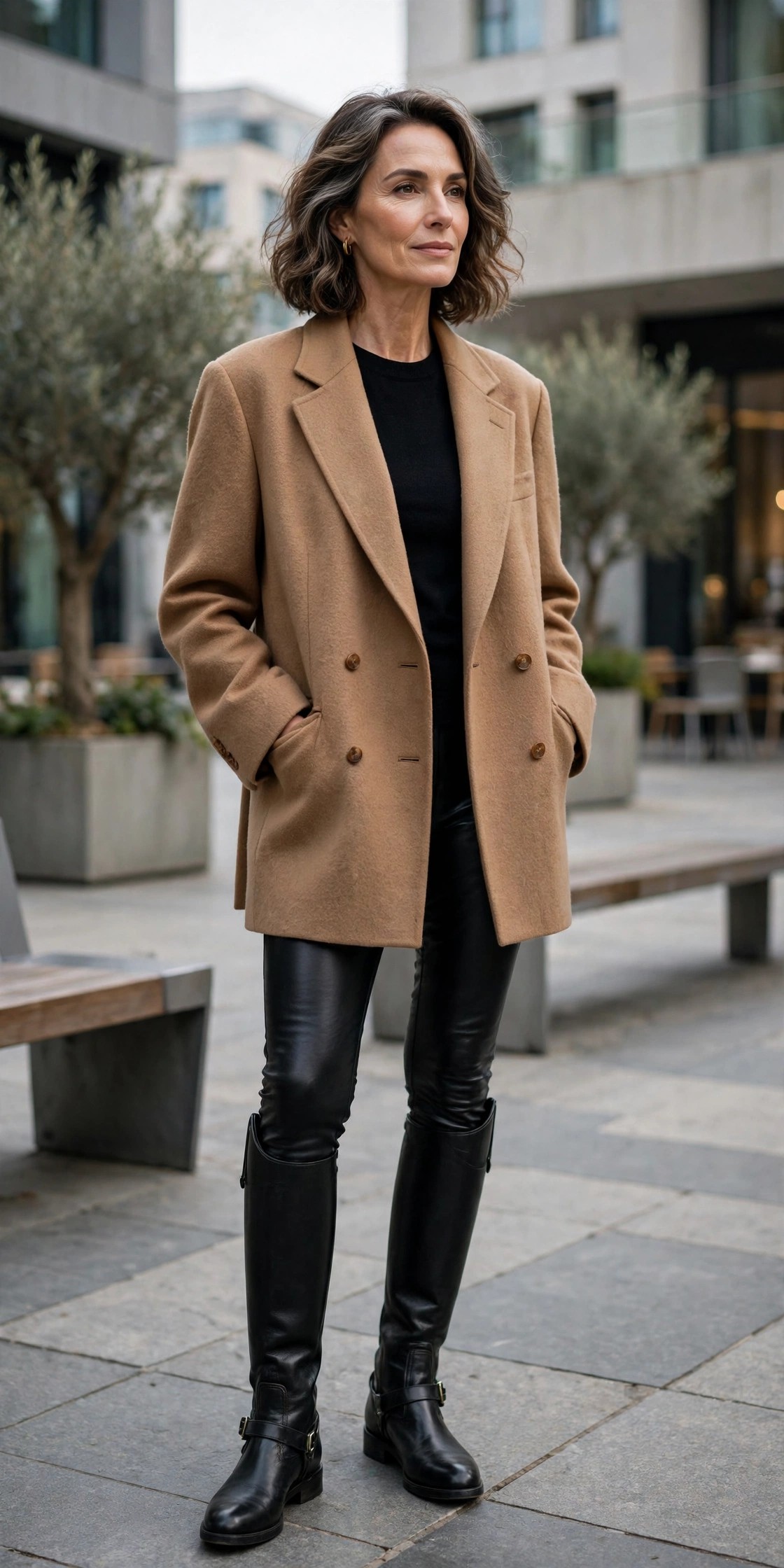 Woman in her 50s wearing black leather leggings with an oversized camel blazer and black riding boots