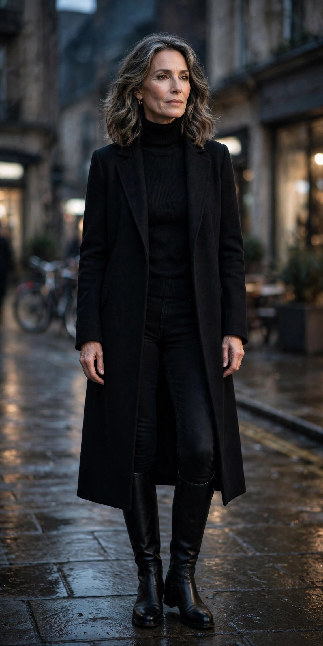 Woman in her 50s wearing an all-black outfit with a long black coat and black riding boots at night