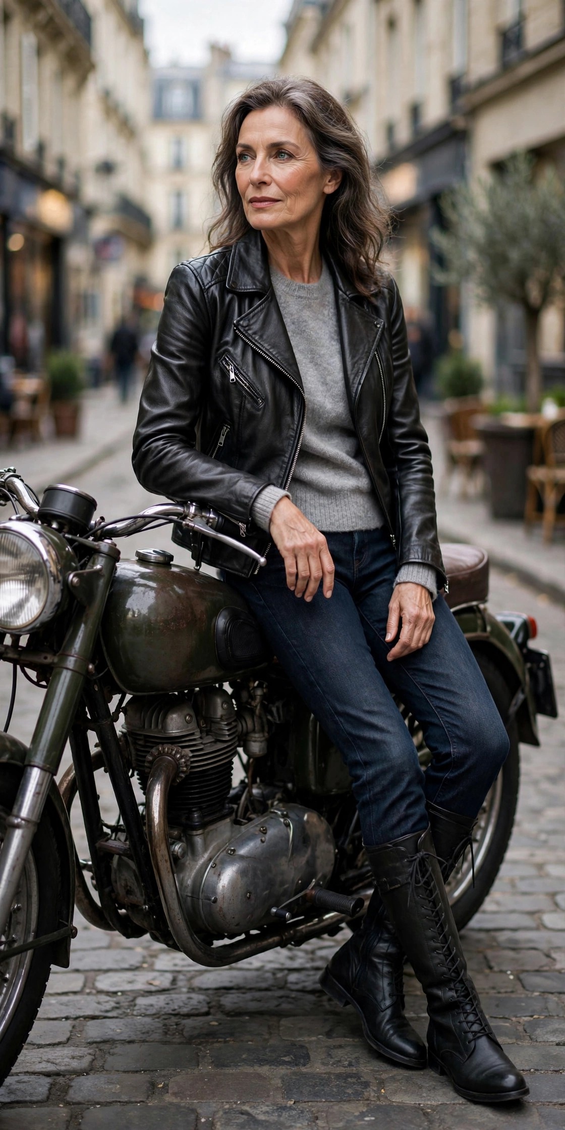 Woman in her 50s wearing a black moto jacket with a grey sweater and black riding boots in the city