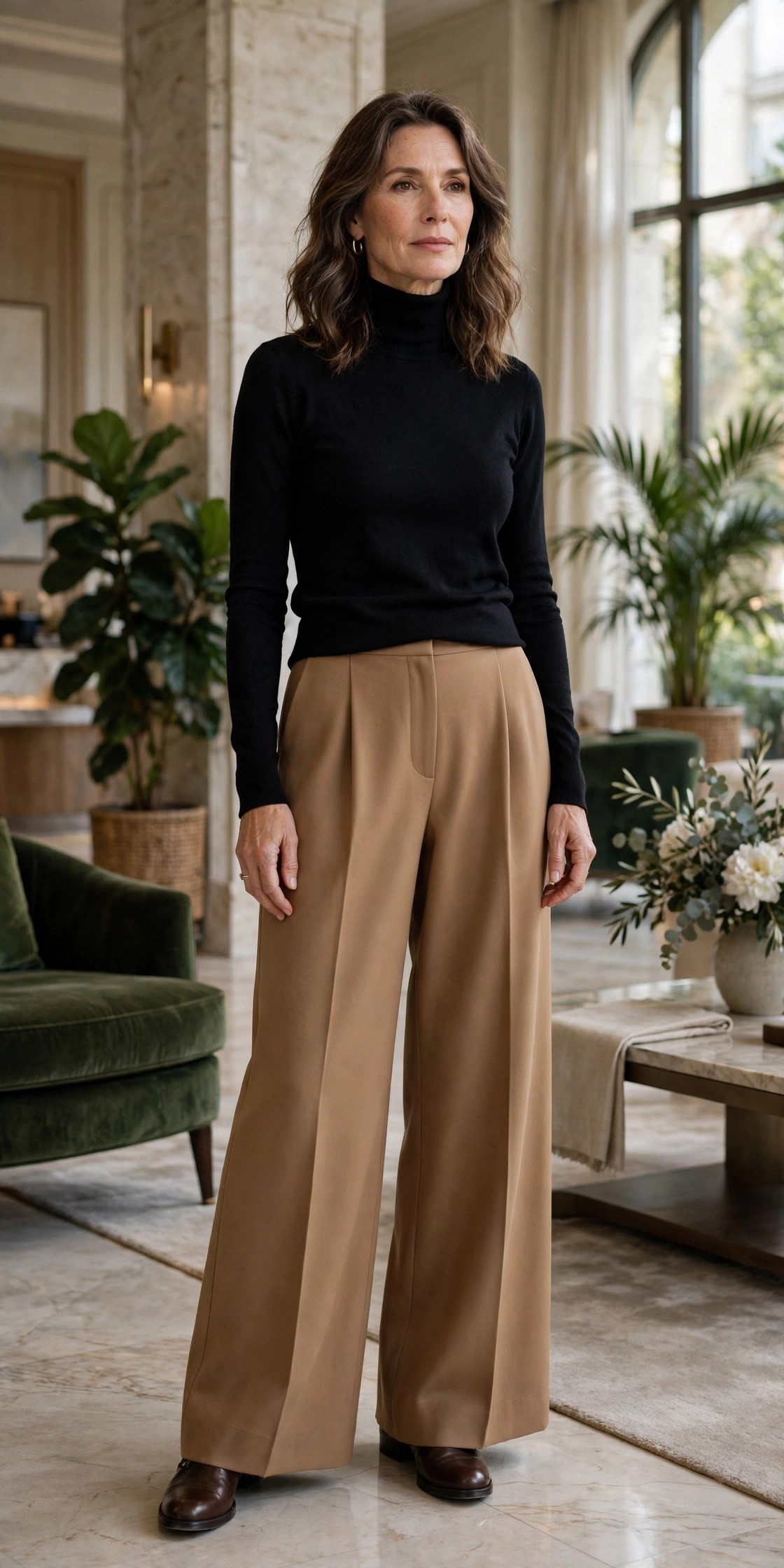 Woman in her 50s wearing wide-leg camel trousers with a black turtleneck and brown riding boots in a lobby