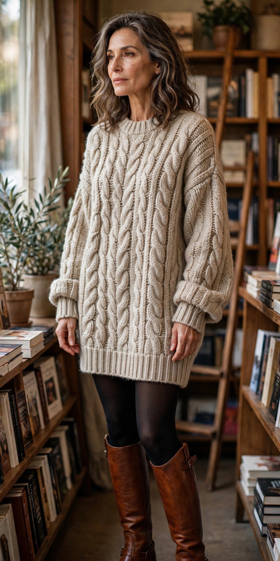 Woman in her 50s wearing an oversized oatmeal sweater as a mini dress with black tights and cognac riding boots