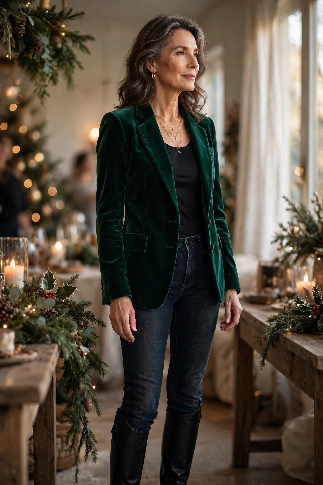 Woman in her 50s wearing an emerald velvet blazer with black riding boots at a holiday party