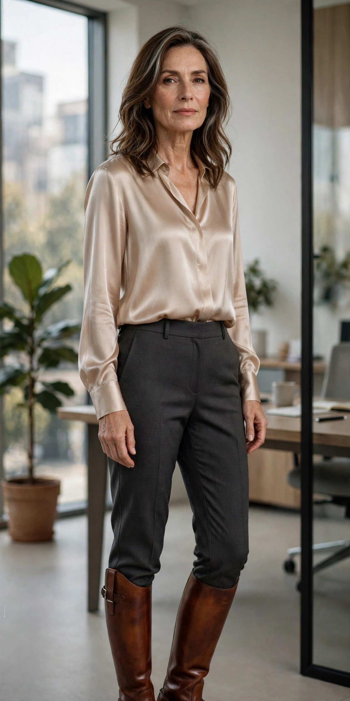 Woman in her 50s wearing a champagne silk blouse with charcoal trousers and cognac riding boots in an office