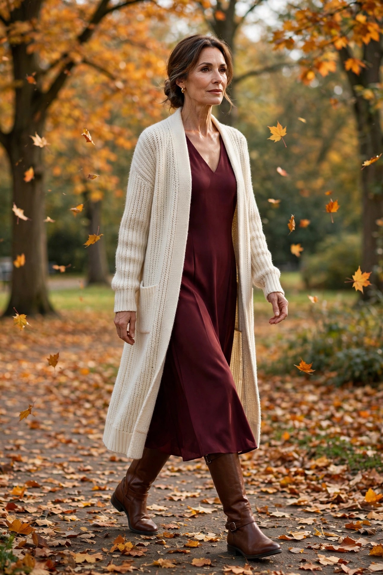 Woman in her 50s wearing a long cream cardigan over a burgundy midi dress with brown riding boots