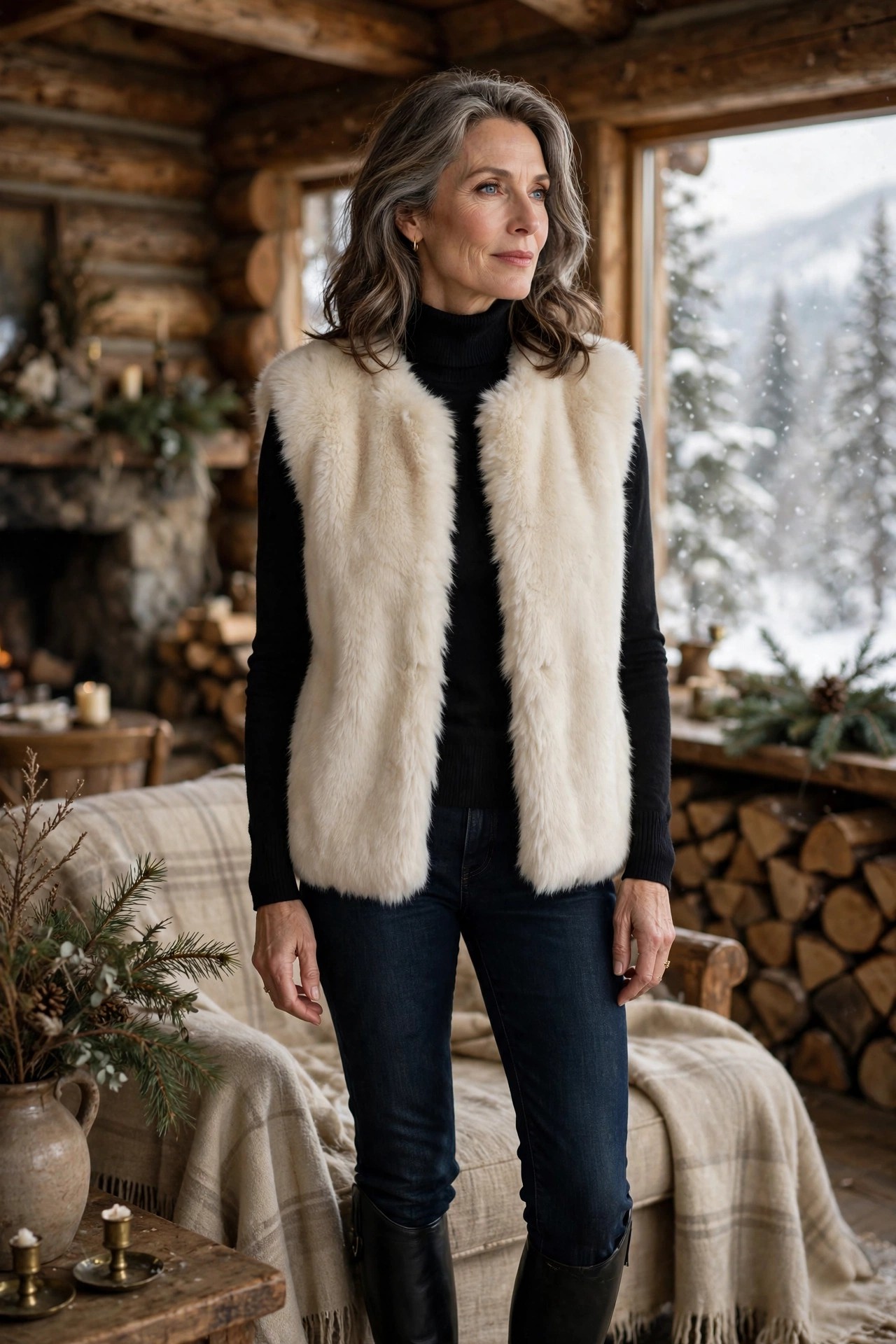 Woman in her 50s wearing a cream faux fur vest with black riding boots at a winter lodge