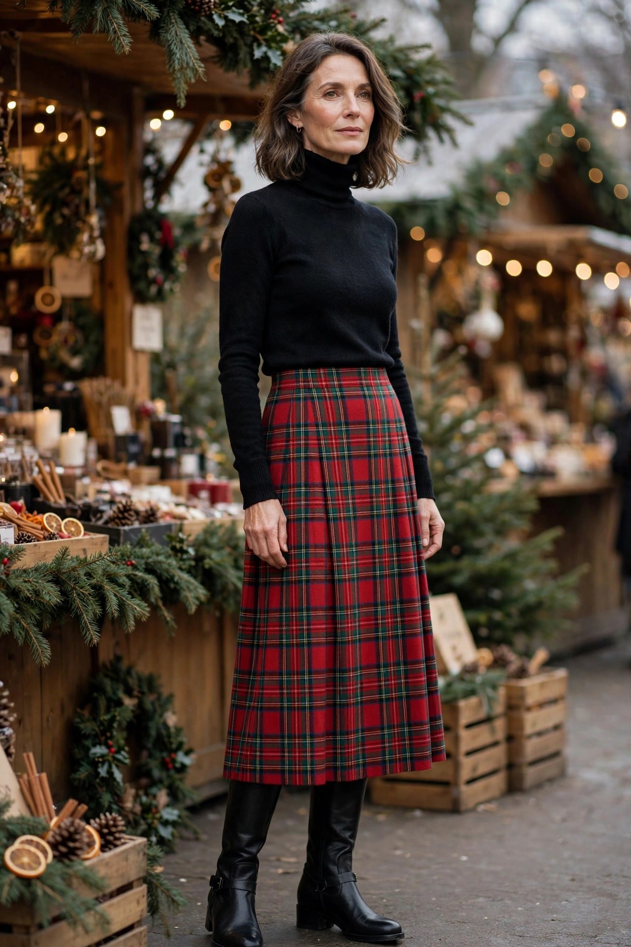 Woman in her 50s wearing a red and green holiday plaid midi skirt with black riding boots at a Christmas market