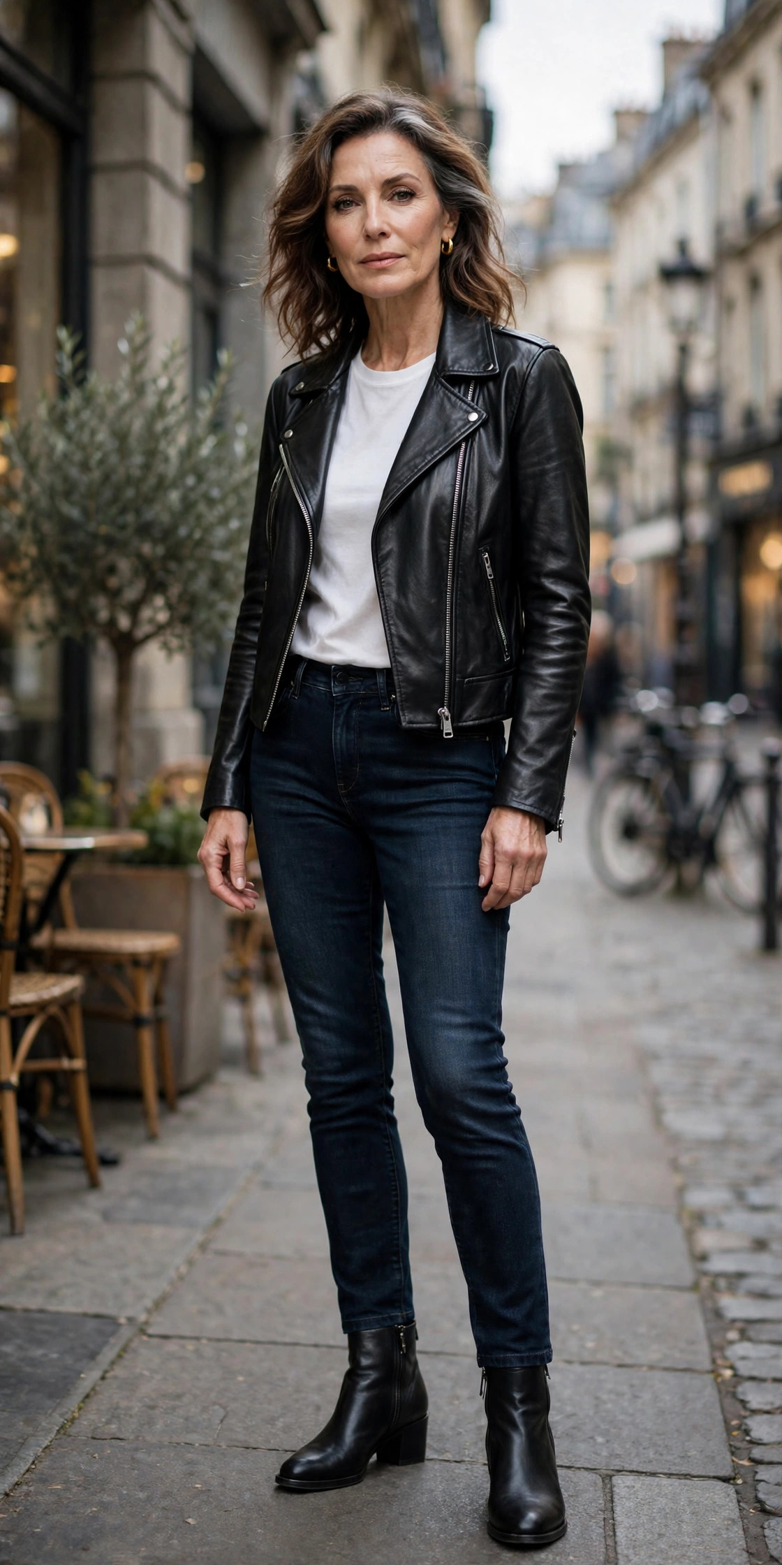 Woman over 50 in black biker jacket, white tee and dark jeans