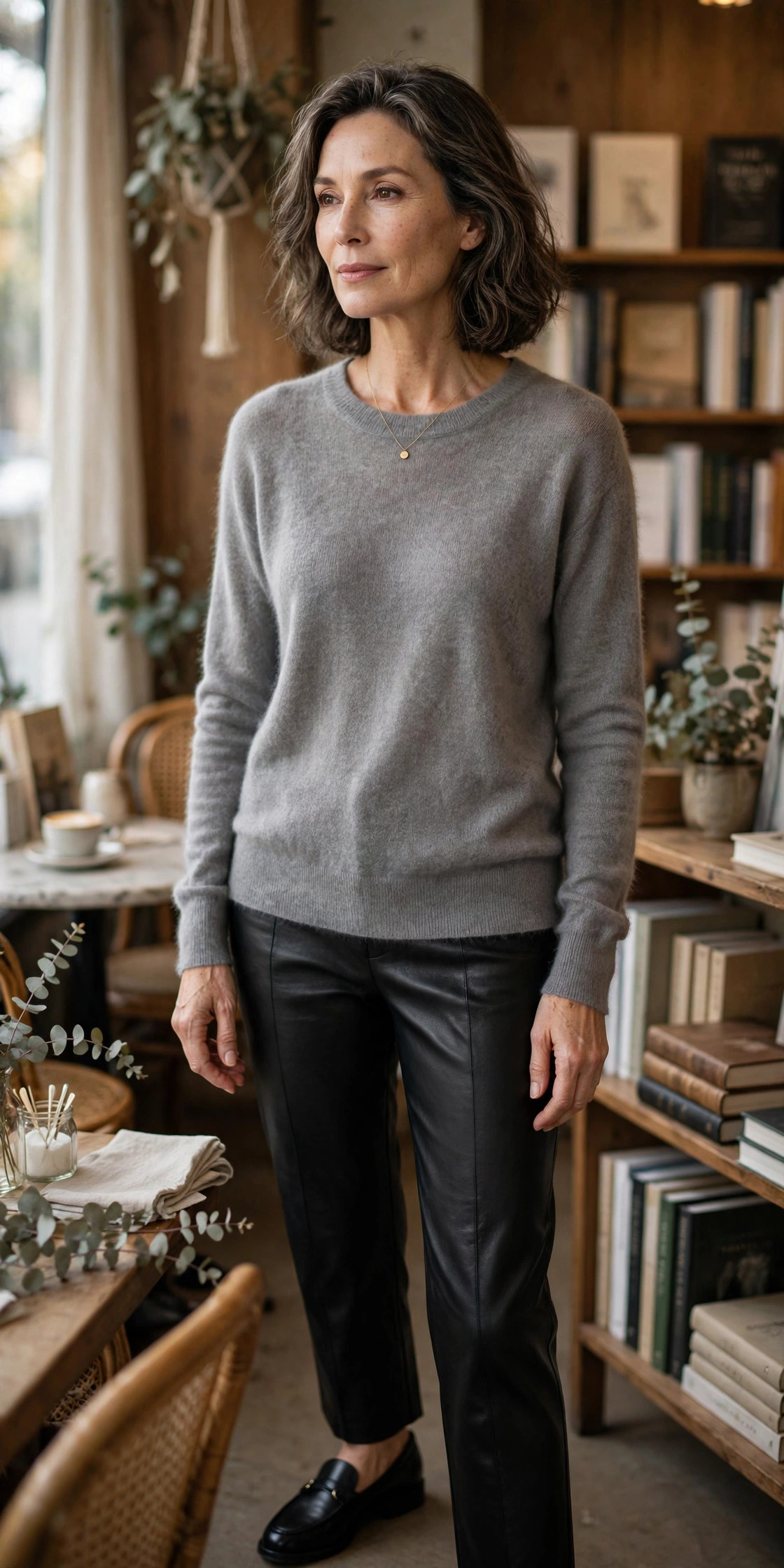 Woman over 50 in black leather pants with gray cashmere sweater