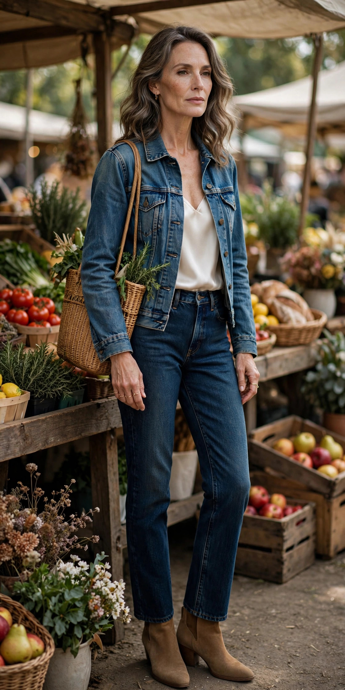Woman over 50 in denim jacket and dark jeans with silk camisole