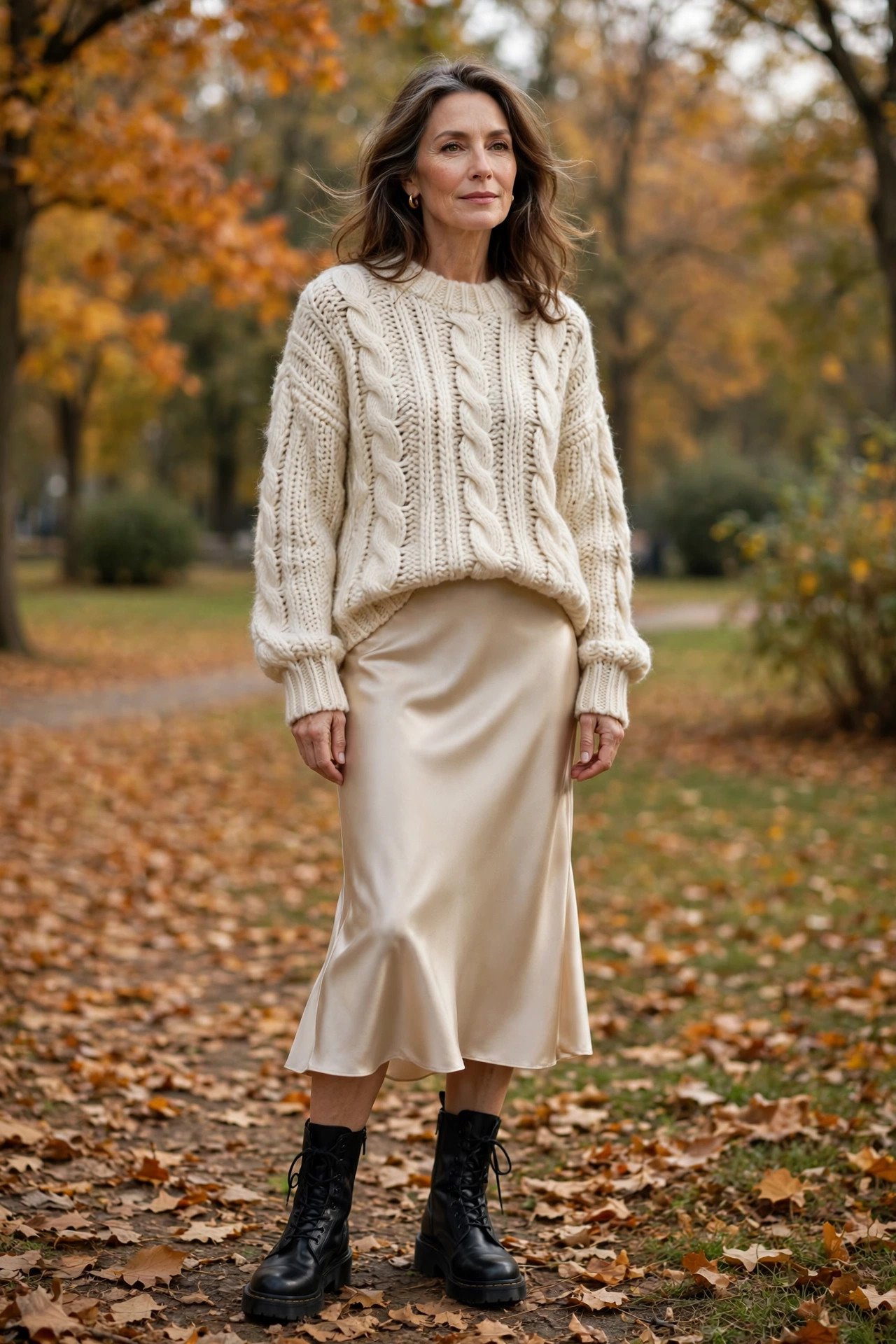 Woman over 50 in combat boots with satin slip skirt and knit sweater