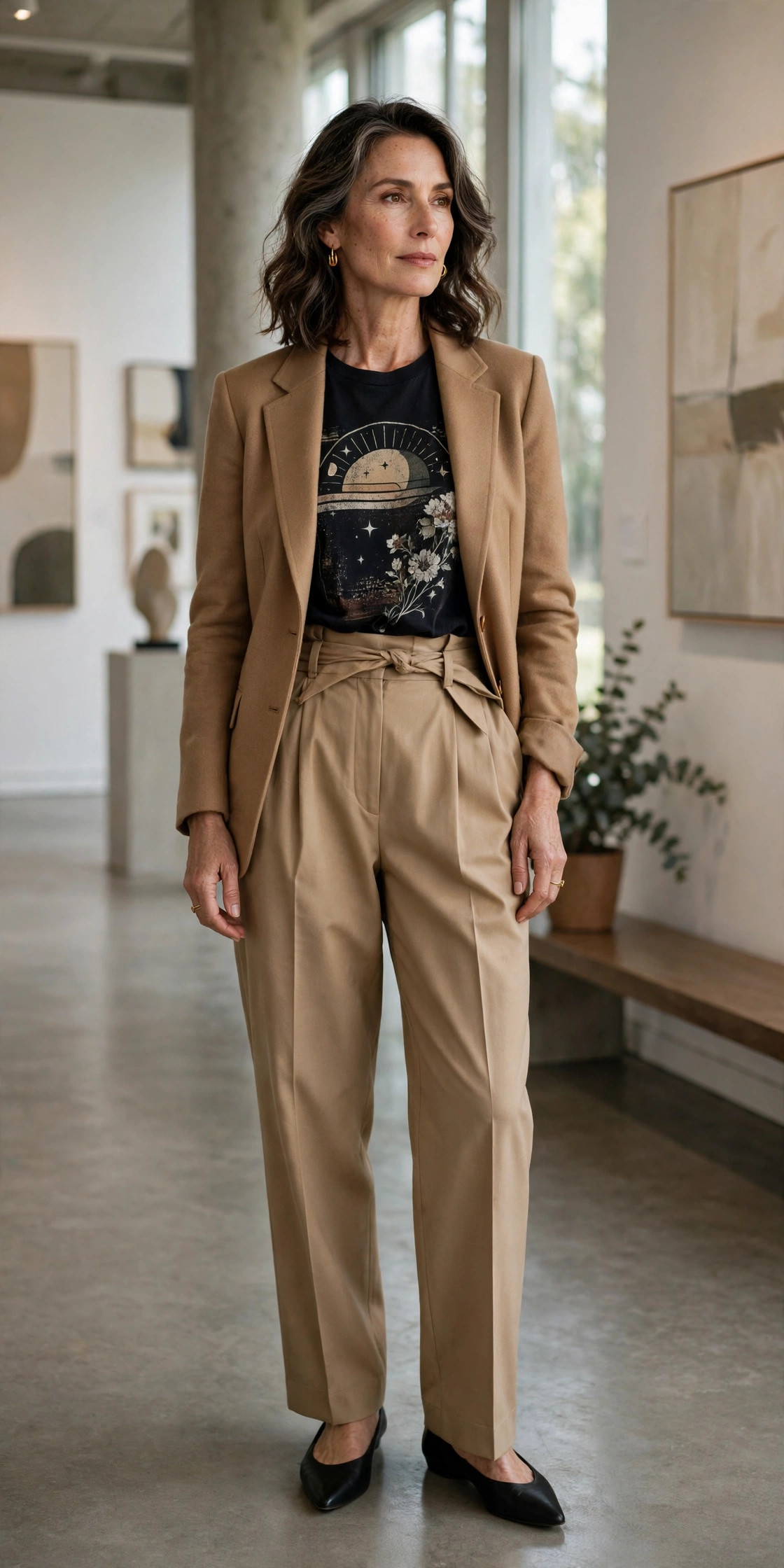 Woman over 50 in graphic tee with paperbag trousers and camel blazer