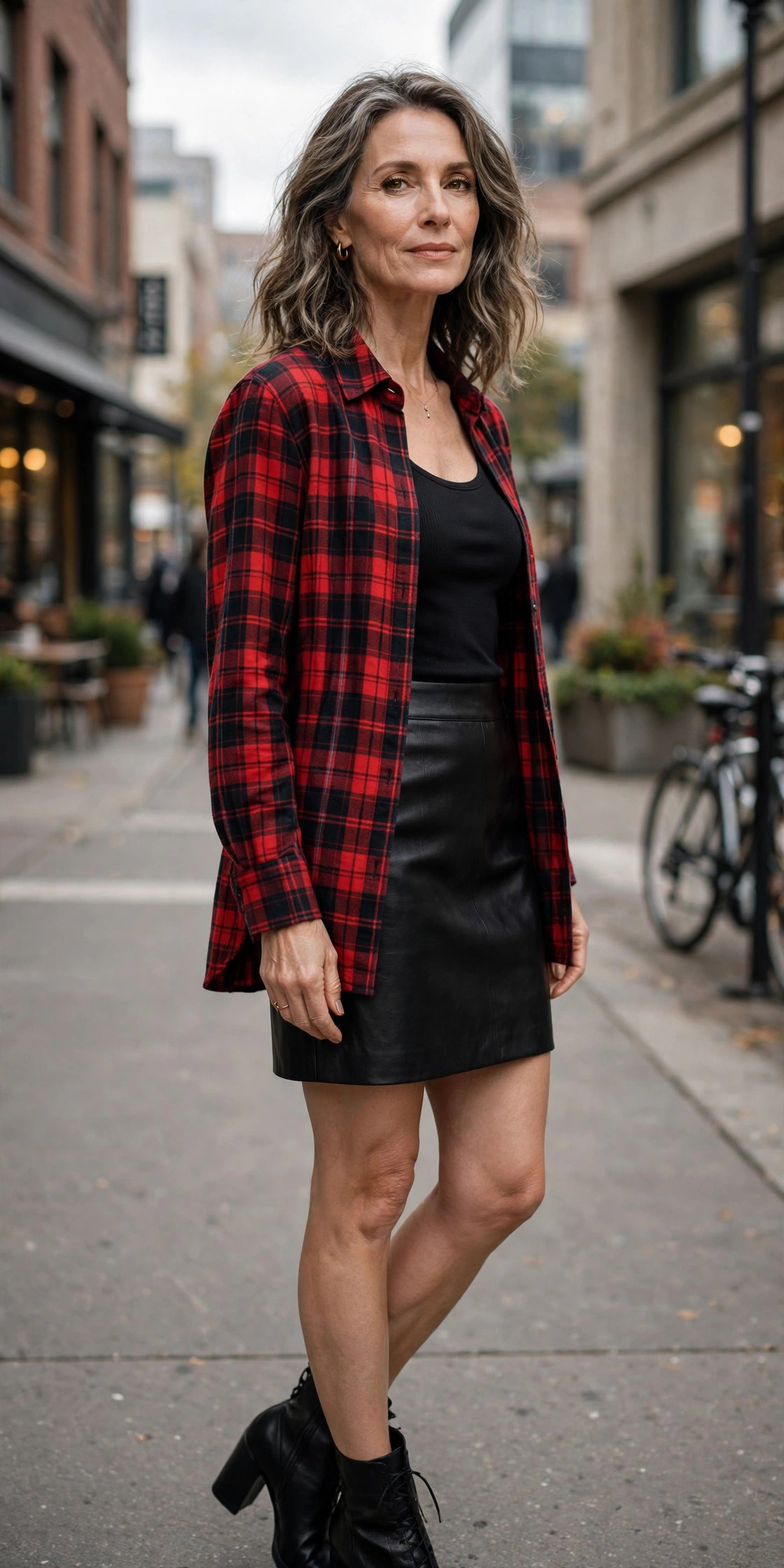 Woman over 50 in plaid flannel shirt over black top and leather skirt