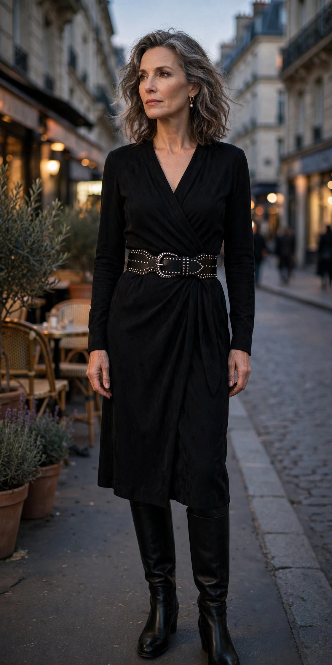 Woman over 50 in black wrap dress with wide studded belt