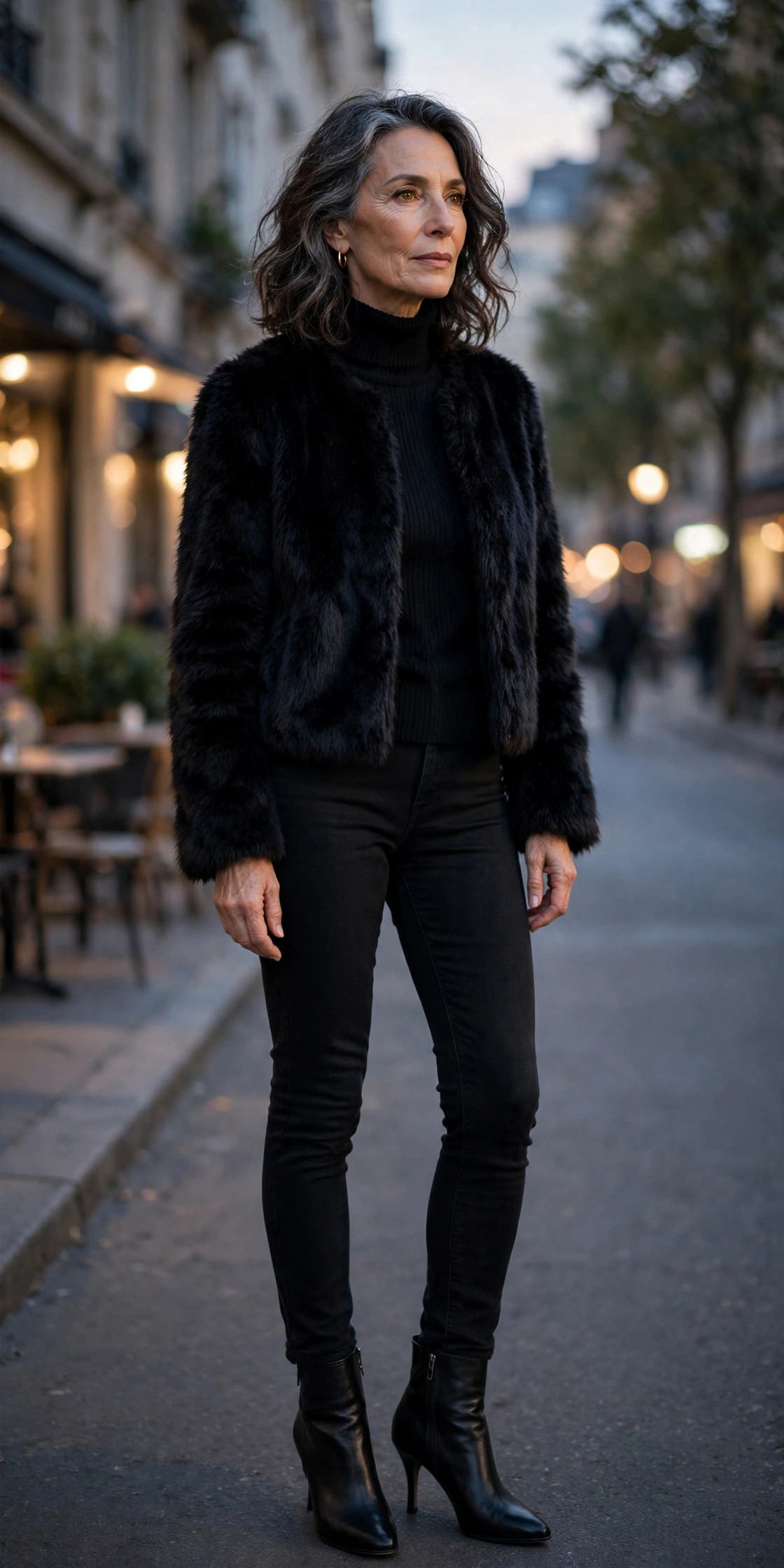 Woman over 50 in cropped faux-fur jacket with black jeans