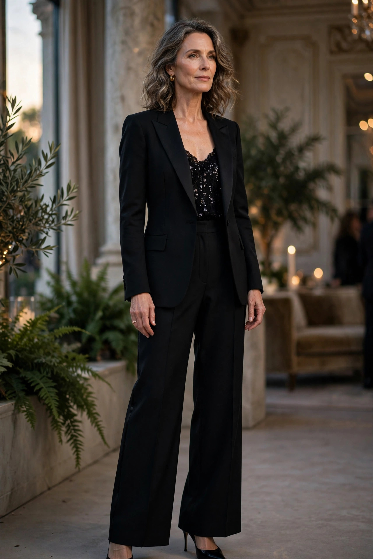 Woman over 50 in black tuxedo blazer with sequin camisole