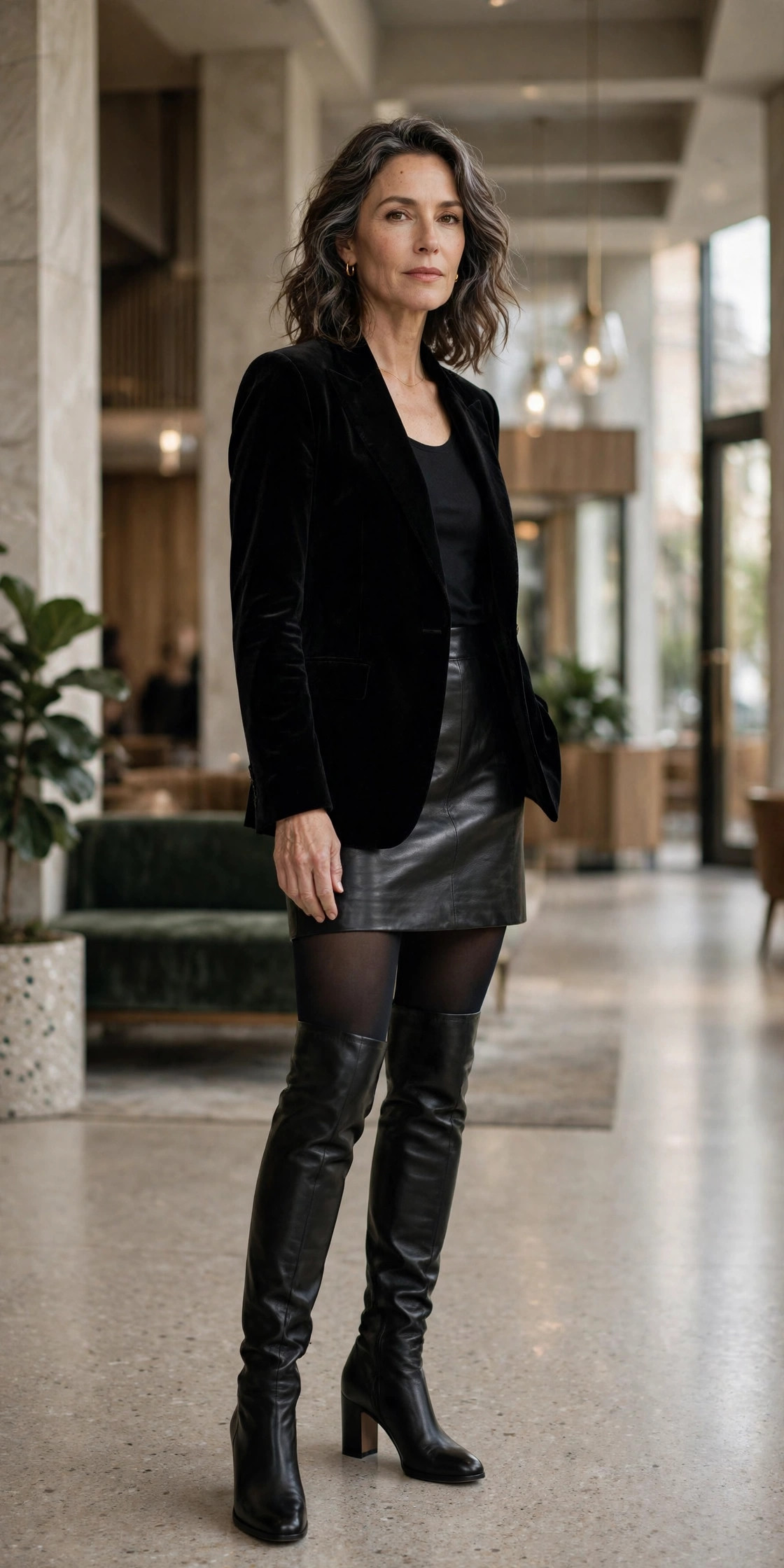 Woman over 50 in leather mini skirt with over-the-knee boots