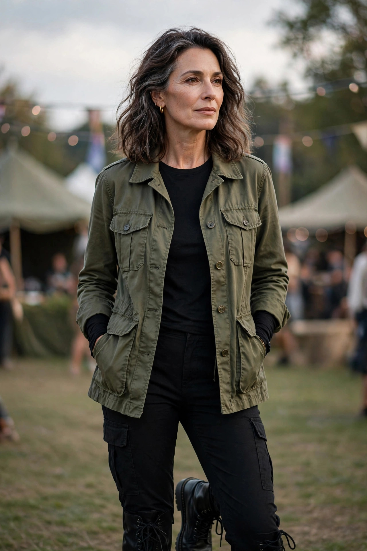 Woman over 50 in utility jacket with black layers and combat boots