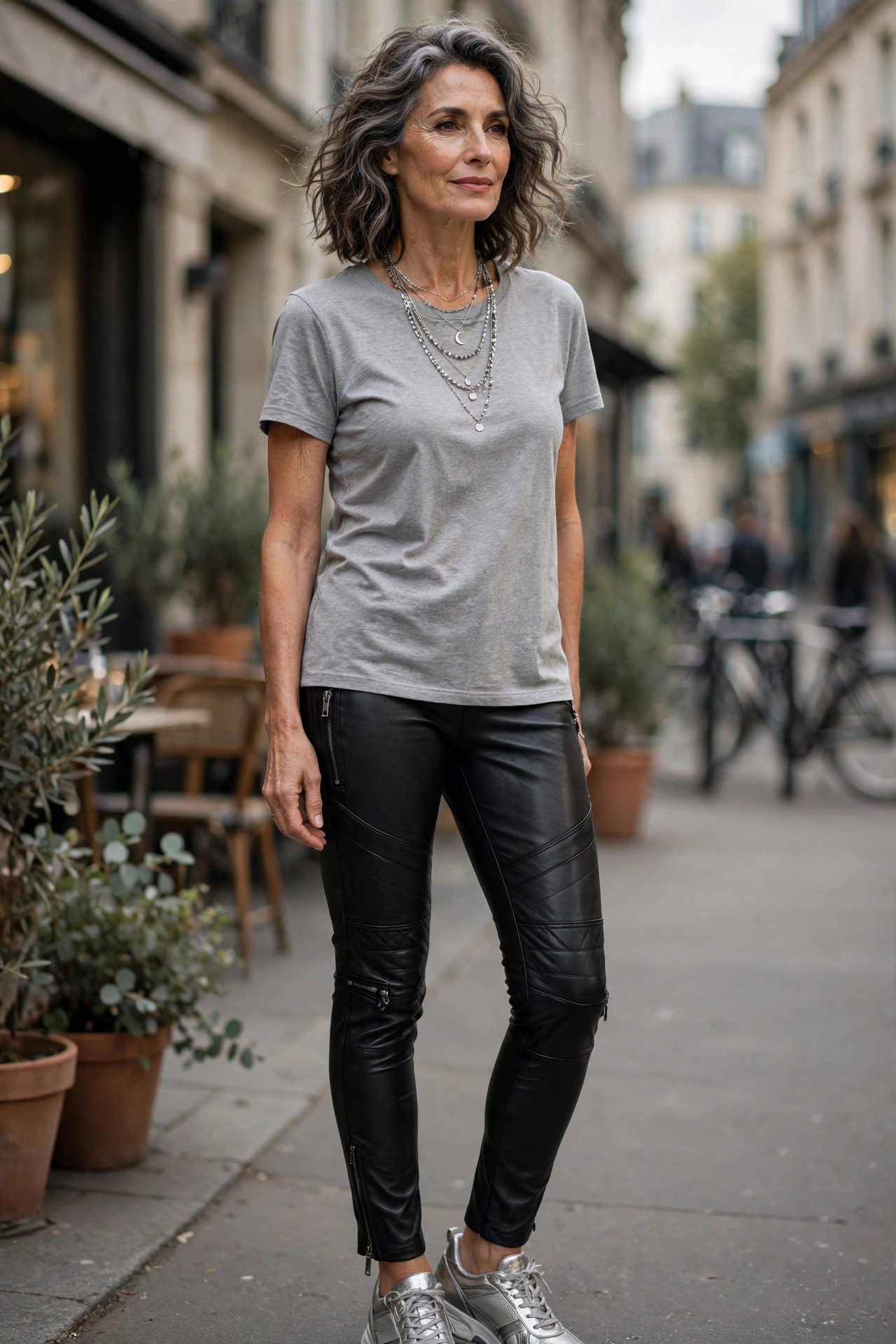 Woman over 50 in gray tee and leather leggings with silver sneakers