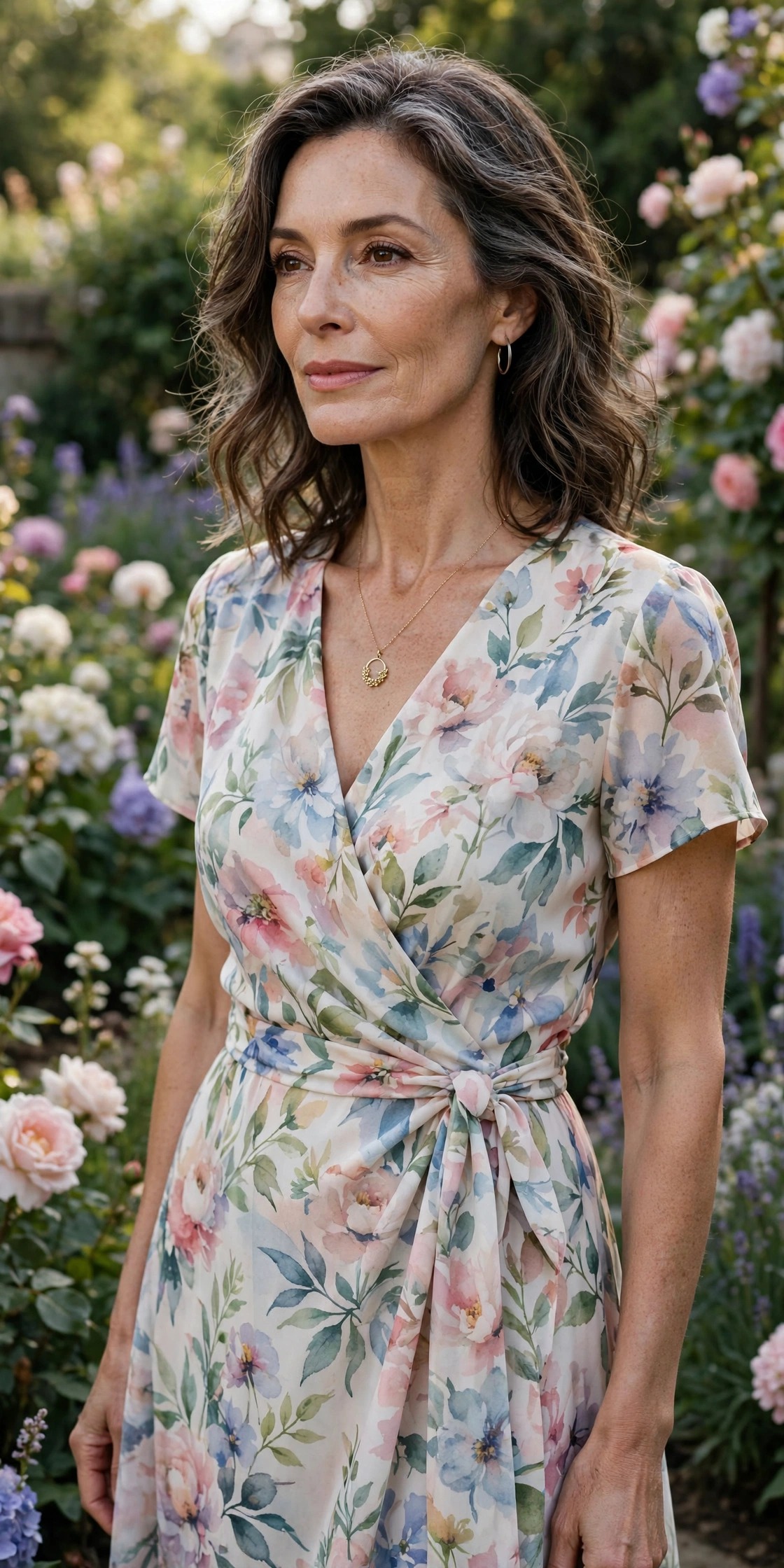 Woman in her 50s wearing a watercolor floral midi wrap dress in a garden