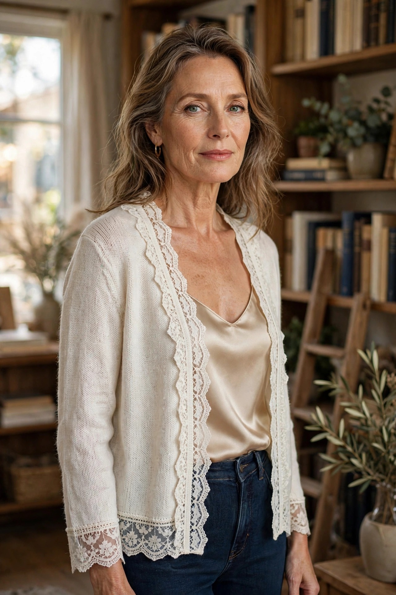 Woman in her 50s in an ivory lace-trim cardigan over a silk camisole