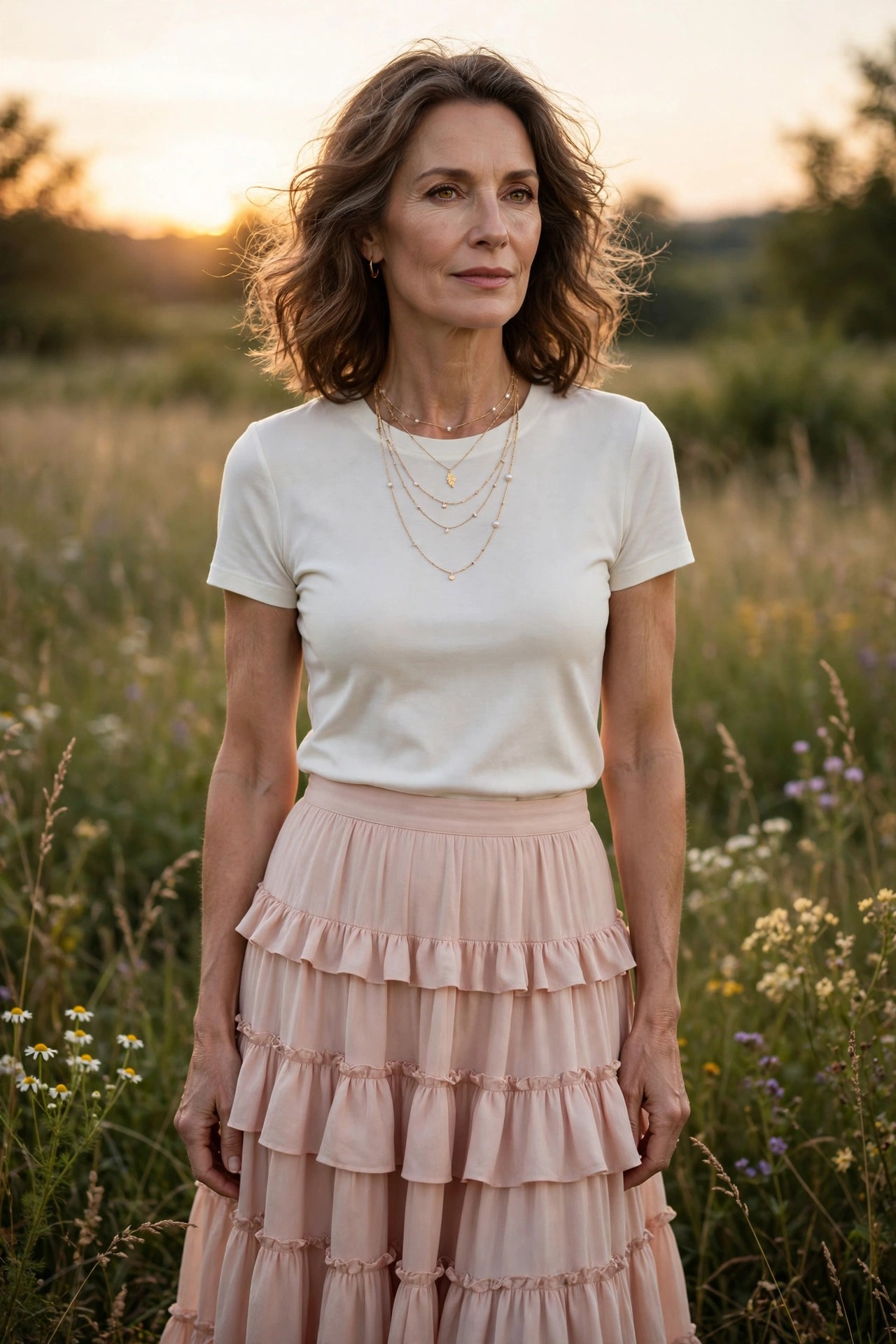 Woman in her 50s wearing a blush tiered maxi skirt with an ivory tee