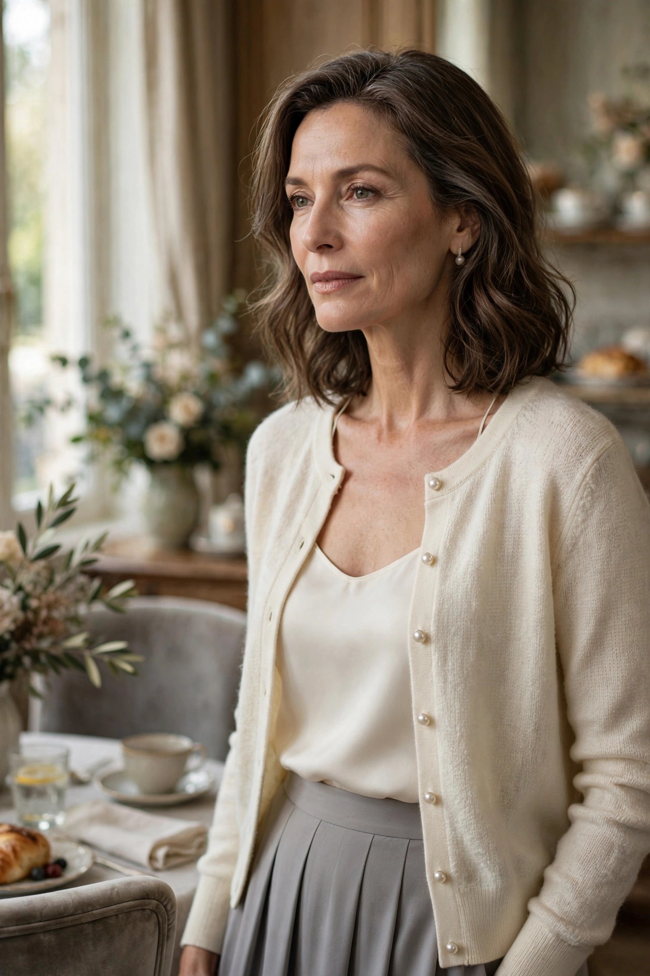 Woman in her 50s in a pearl-button cardigan with a grey pleated skirt