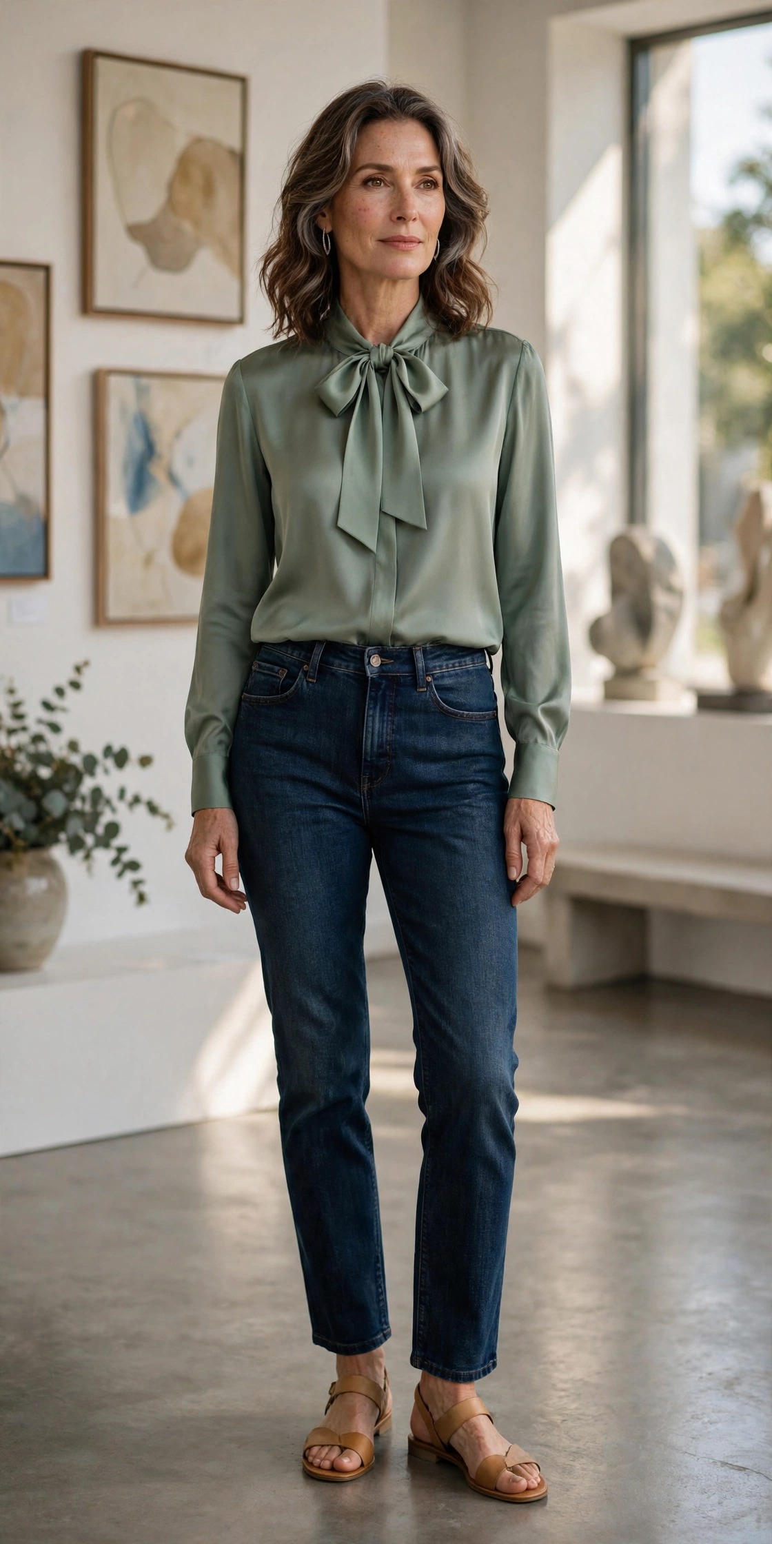 Woman in her 50s wearing a sage bow-neck blouse with dark jeans