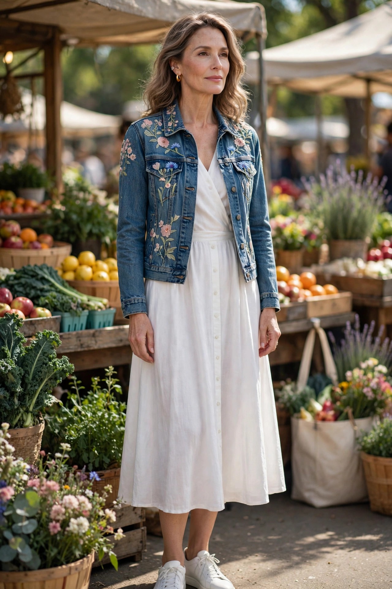 Woman in her 50s in a white dress with an embroidered denim jacket