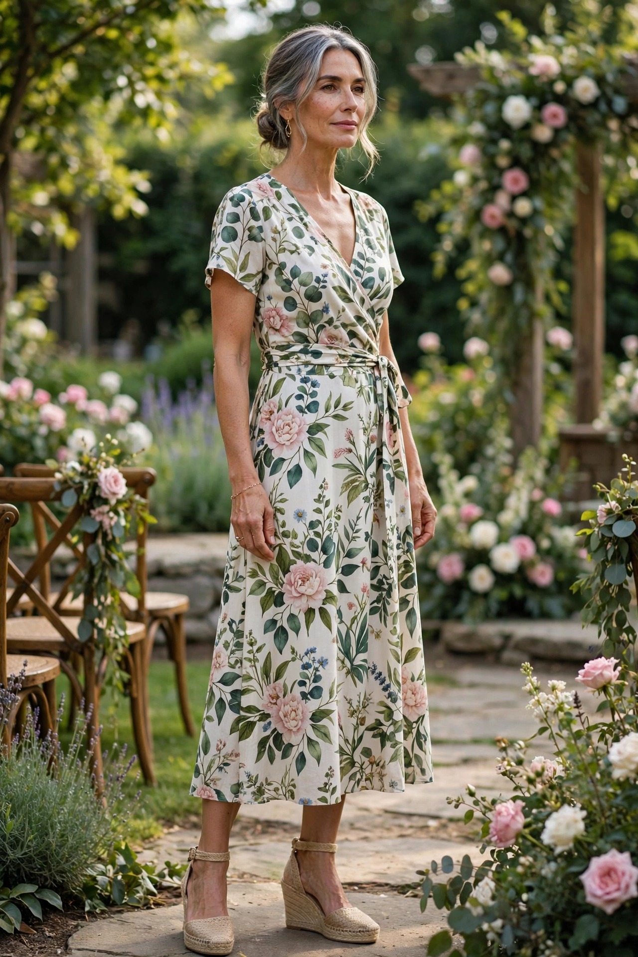 Woman in her 50s wearing a botanical-print wrap-front sundress