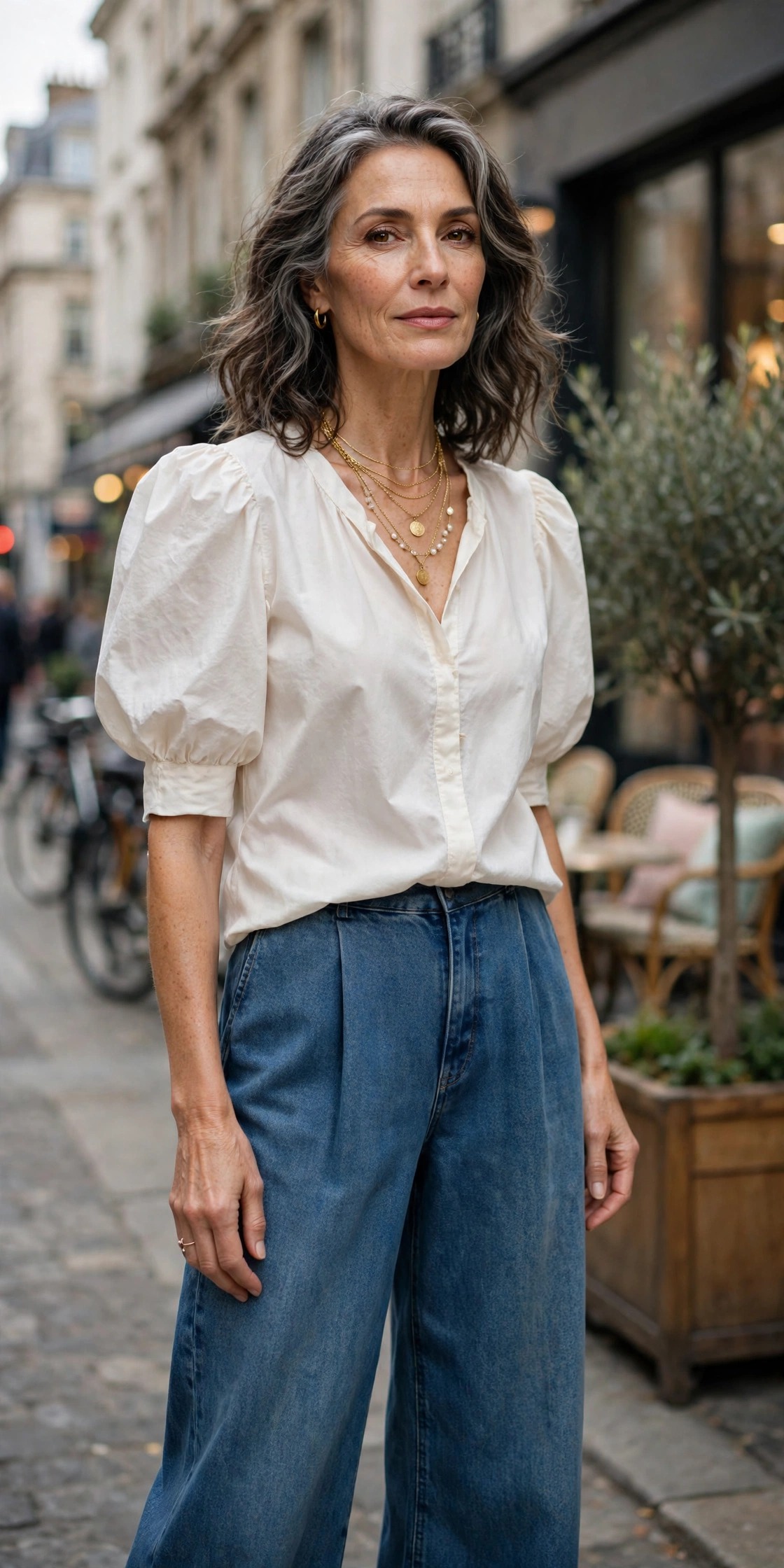 Woman in her 50s in an ivory puff-sleeve blouse and wide-leg jeans