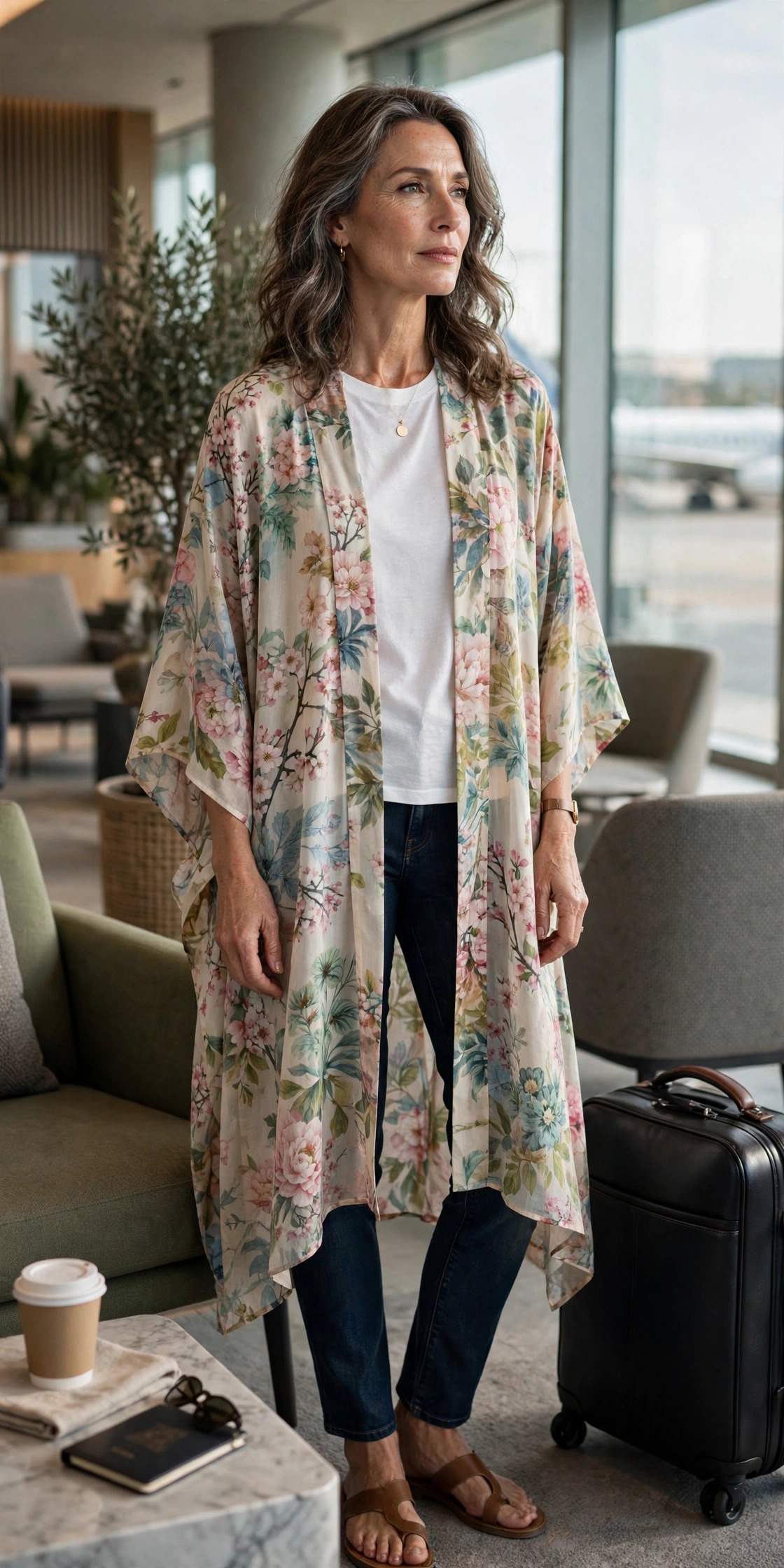 Woman in her 50s wearing a floral kimono over a white tee and jeans