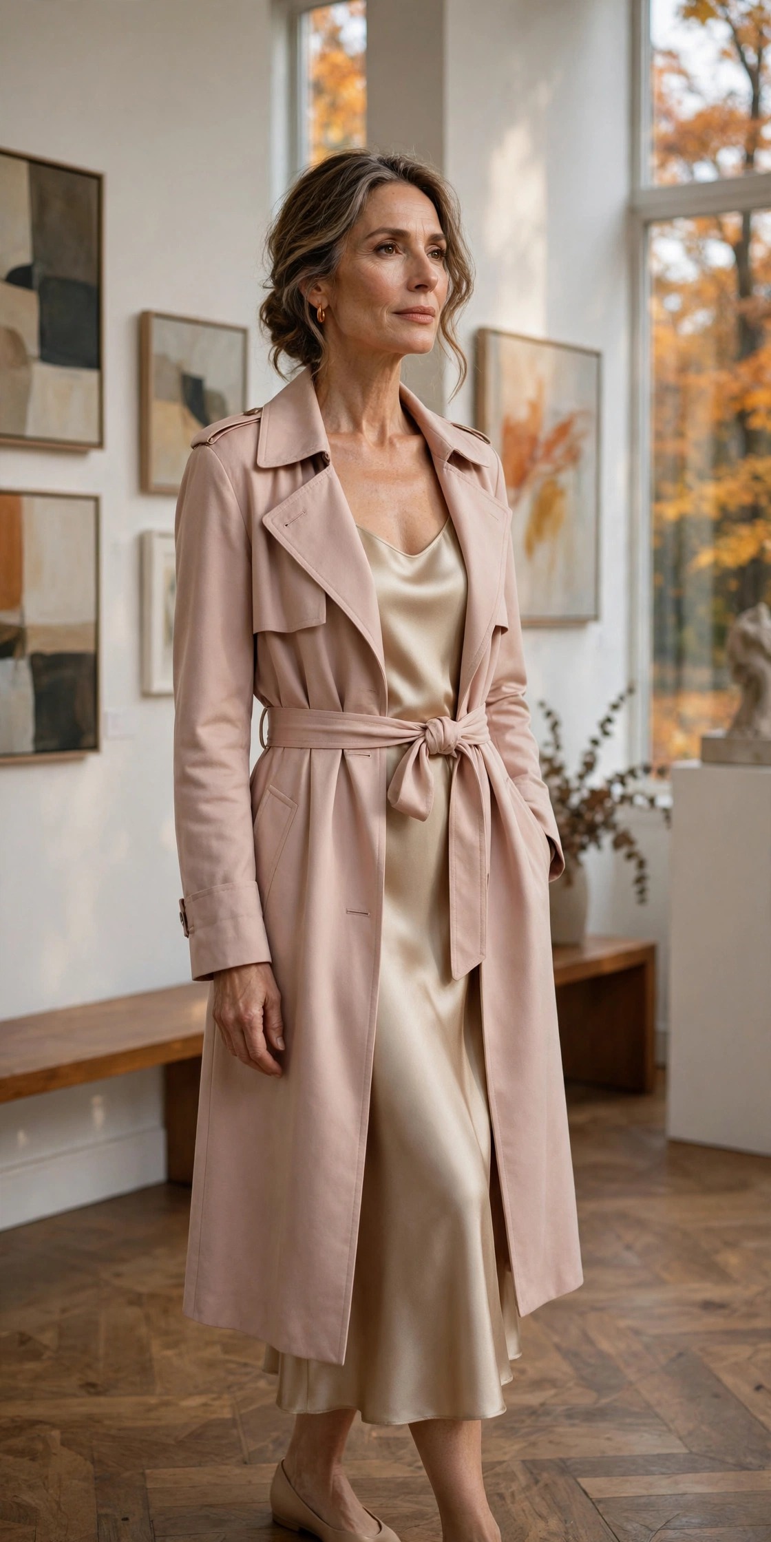 Woman in her 50s in a champagne slip dress with a blush trench coat