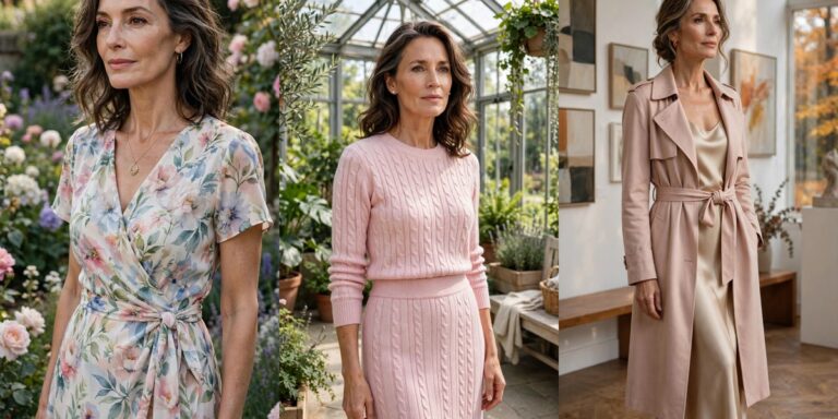 Romantic style for women over 50: floral wrap dress, pastel knit set, blush trench